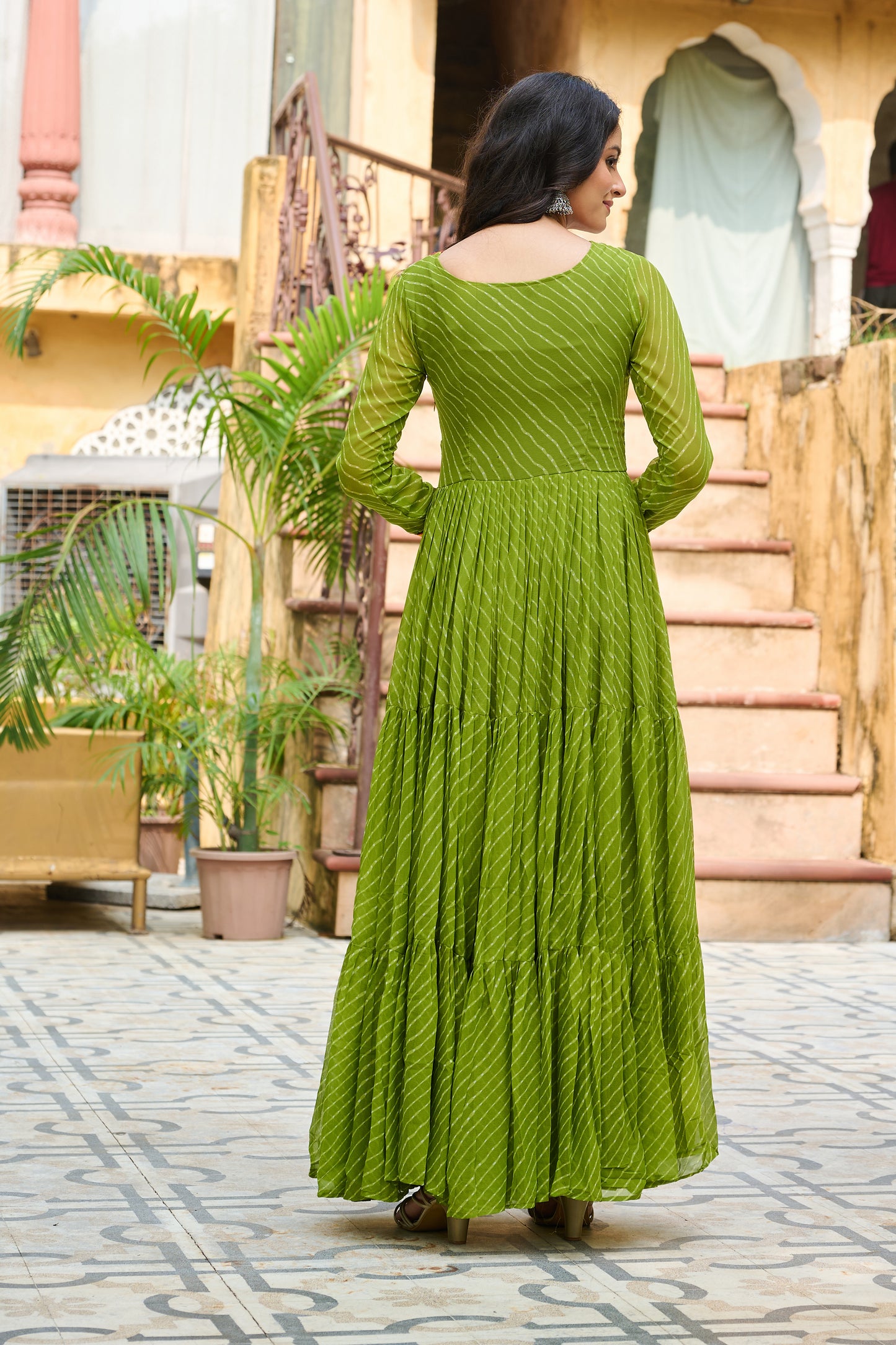 Green Bandhani Print With Kutchi Patchework Dress for Garba Nighta