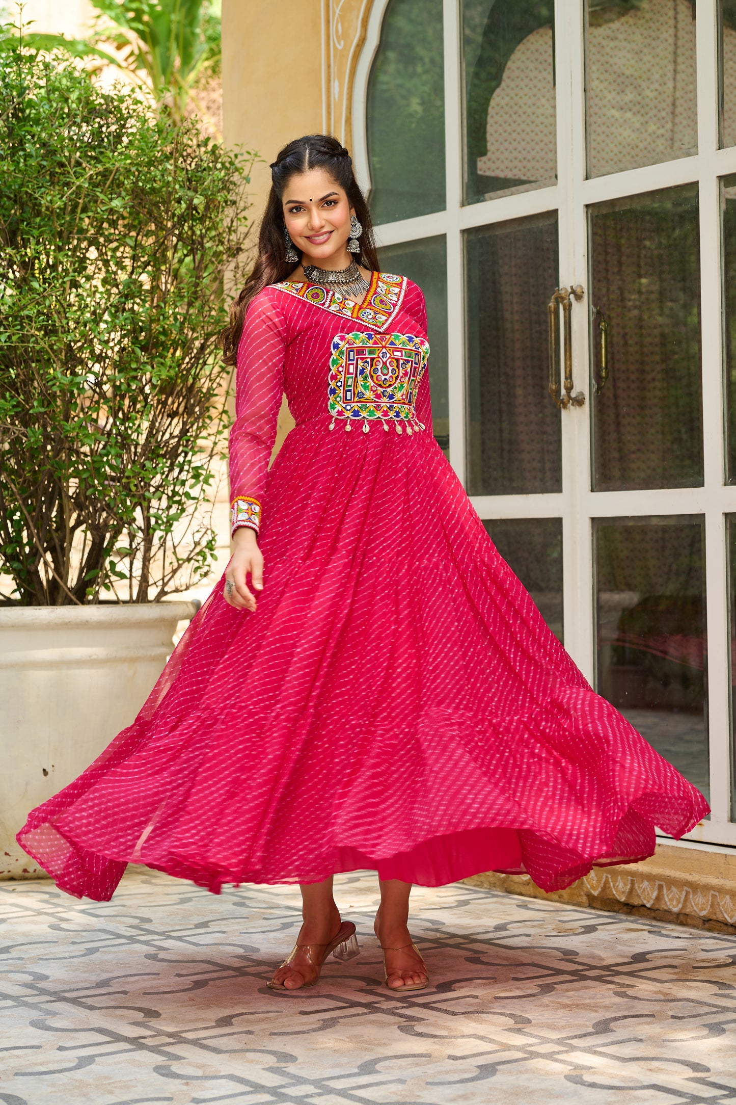 Pink Bandhani Print With Kutchi Patchework Dress for Garba Night