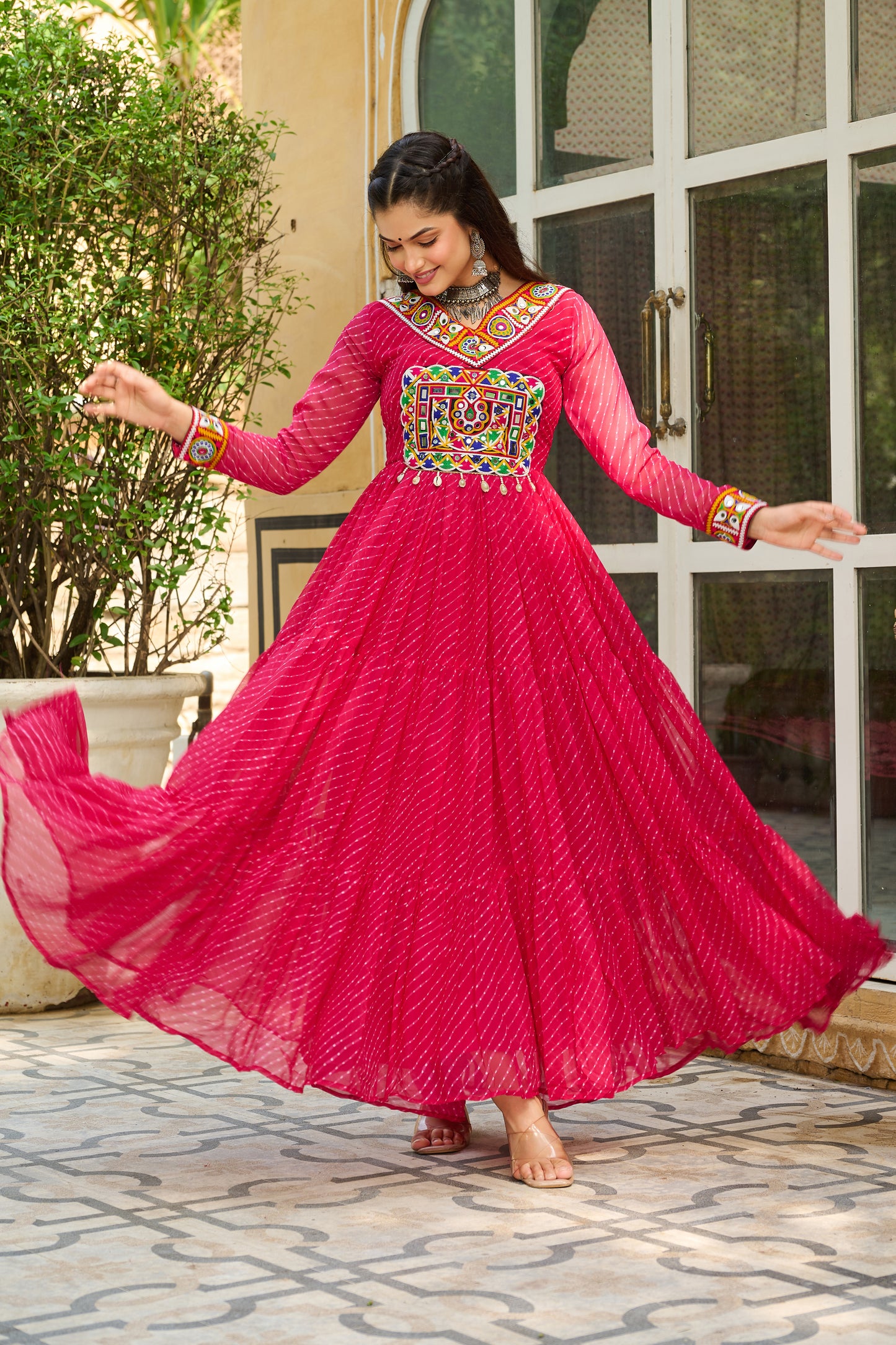 Pink Bandhani Print With Kutchi Patchework Dress for Garba Night