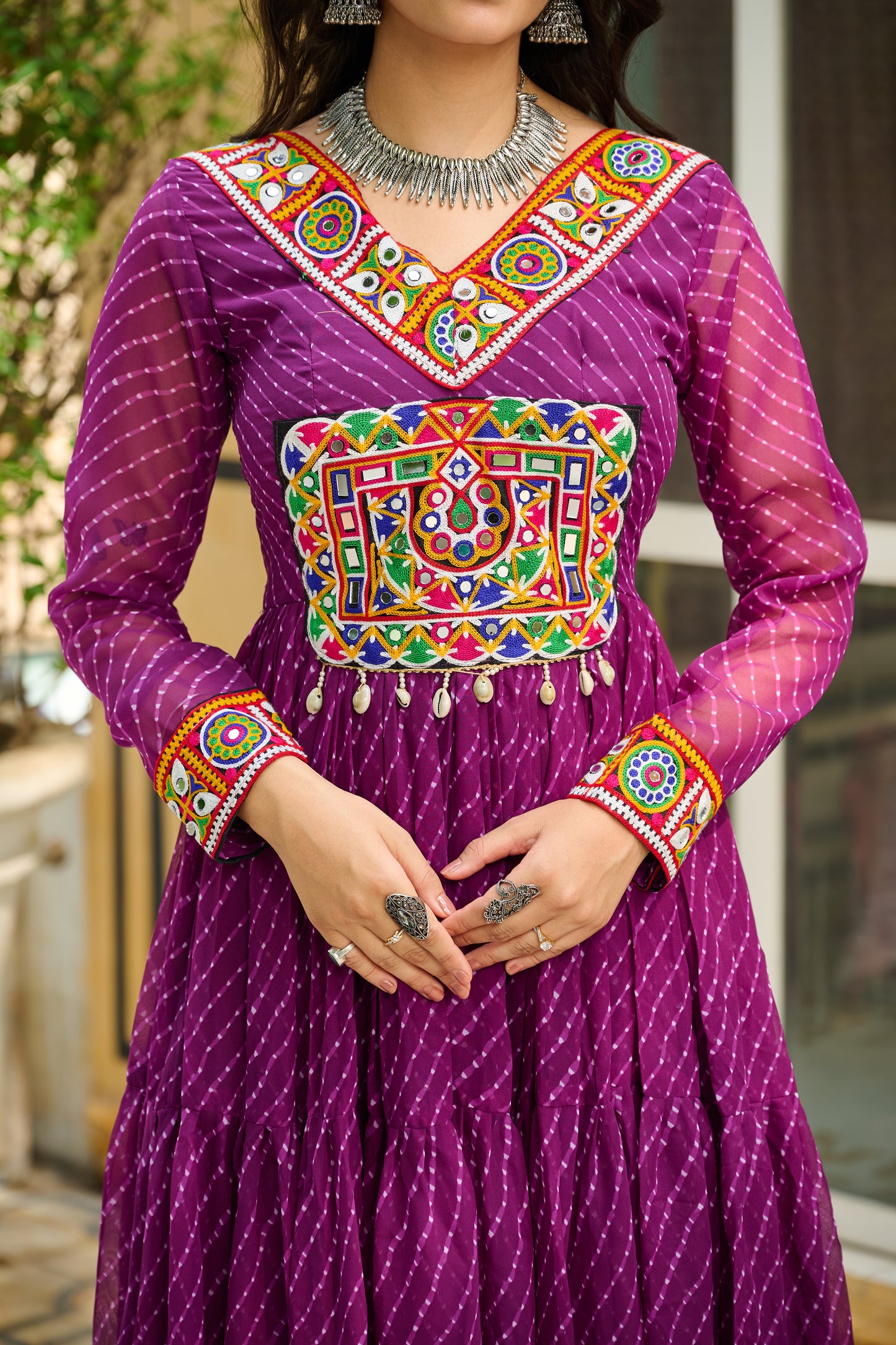 Wine Bandhani Print With Kutchi Patchework Dress for Garba Nighta