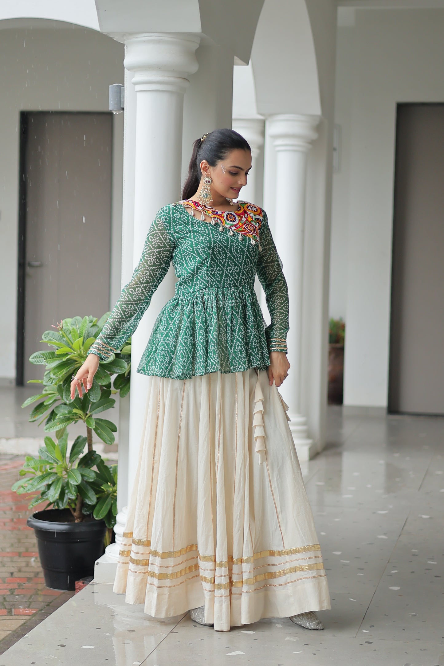 Green Bandhani Printed Top And Lehenga For Garba