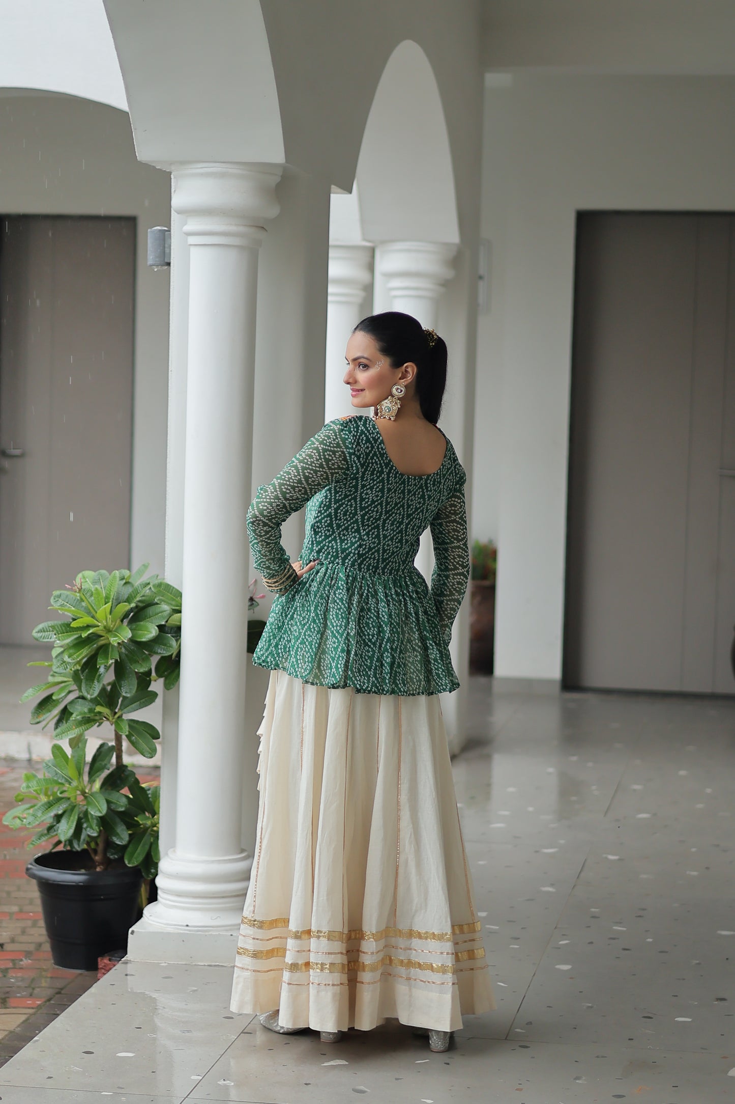 Green Bandhani Printed Top And Lehenga For Garba