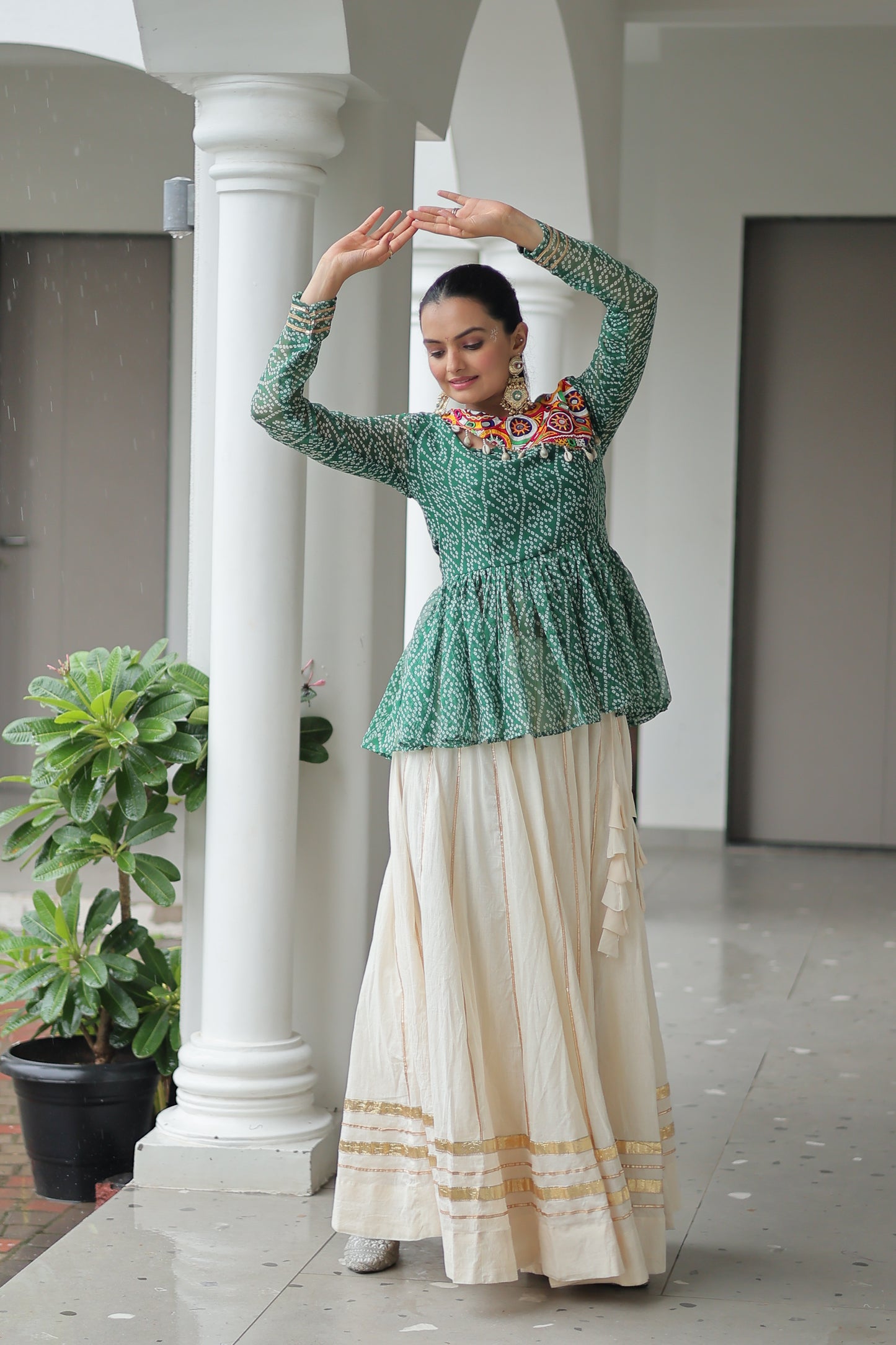 Green Bandhani Printed Top And Lehenga For Garba