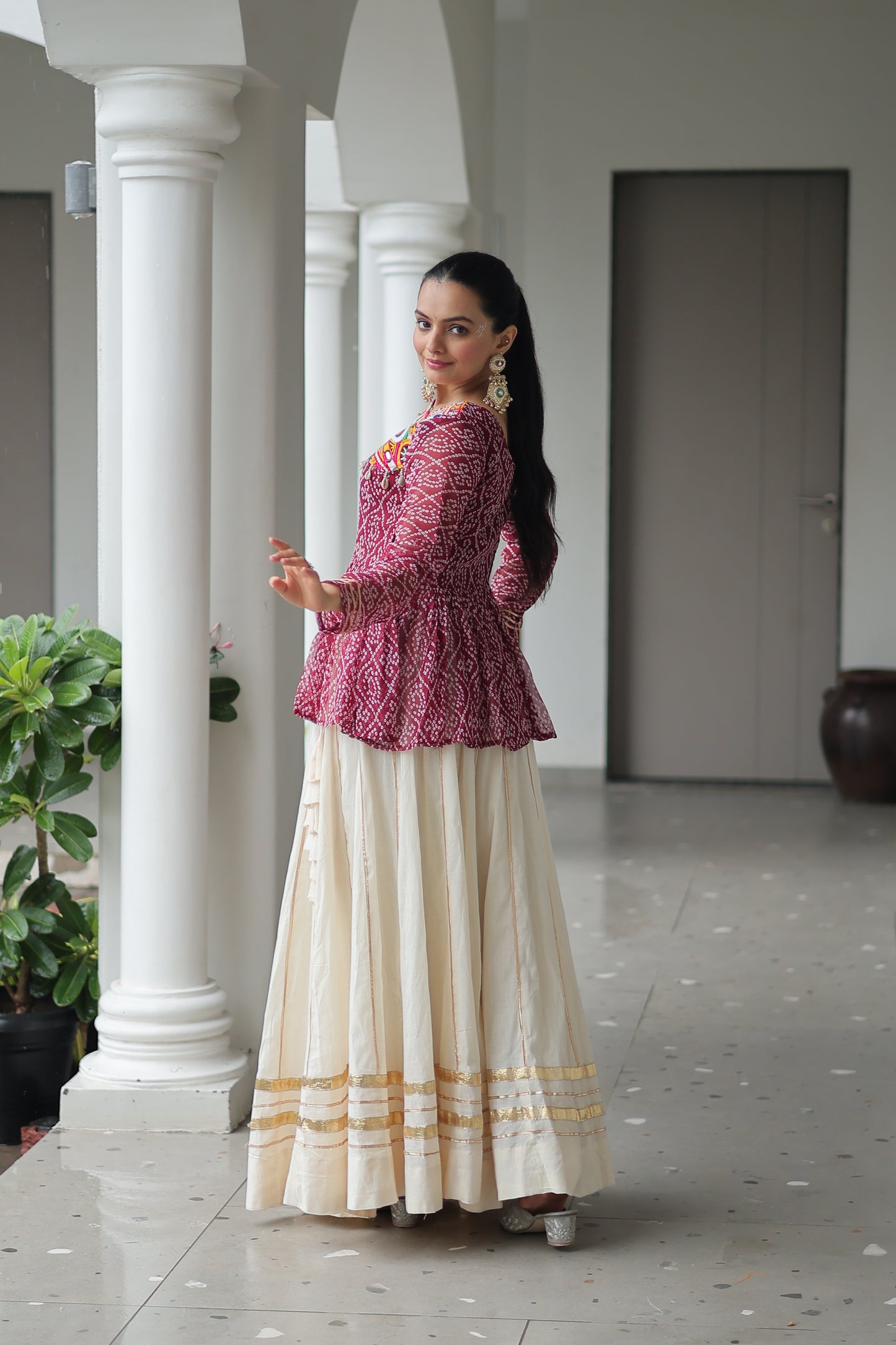 Maroon Bandhani Printed Top And Lehenga For Garba