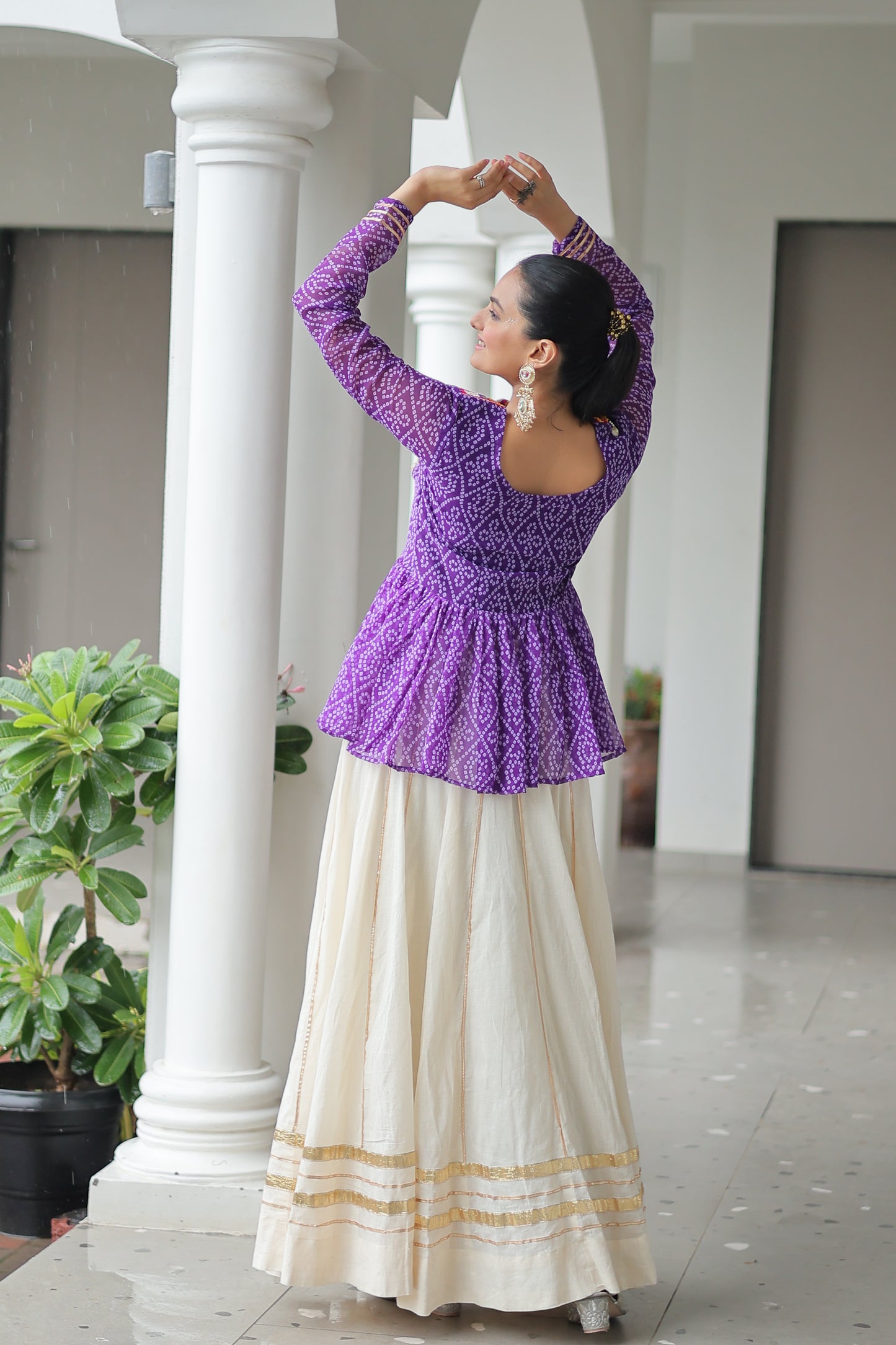 Purple Bandhani Printed Top And Lehenga For Garba