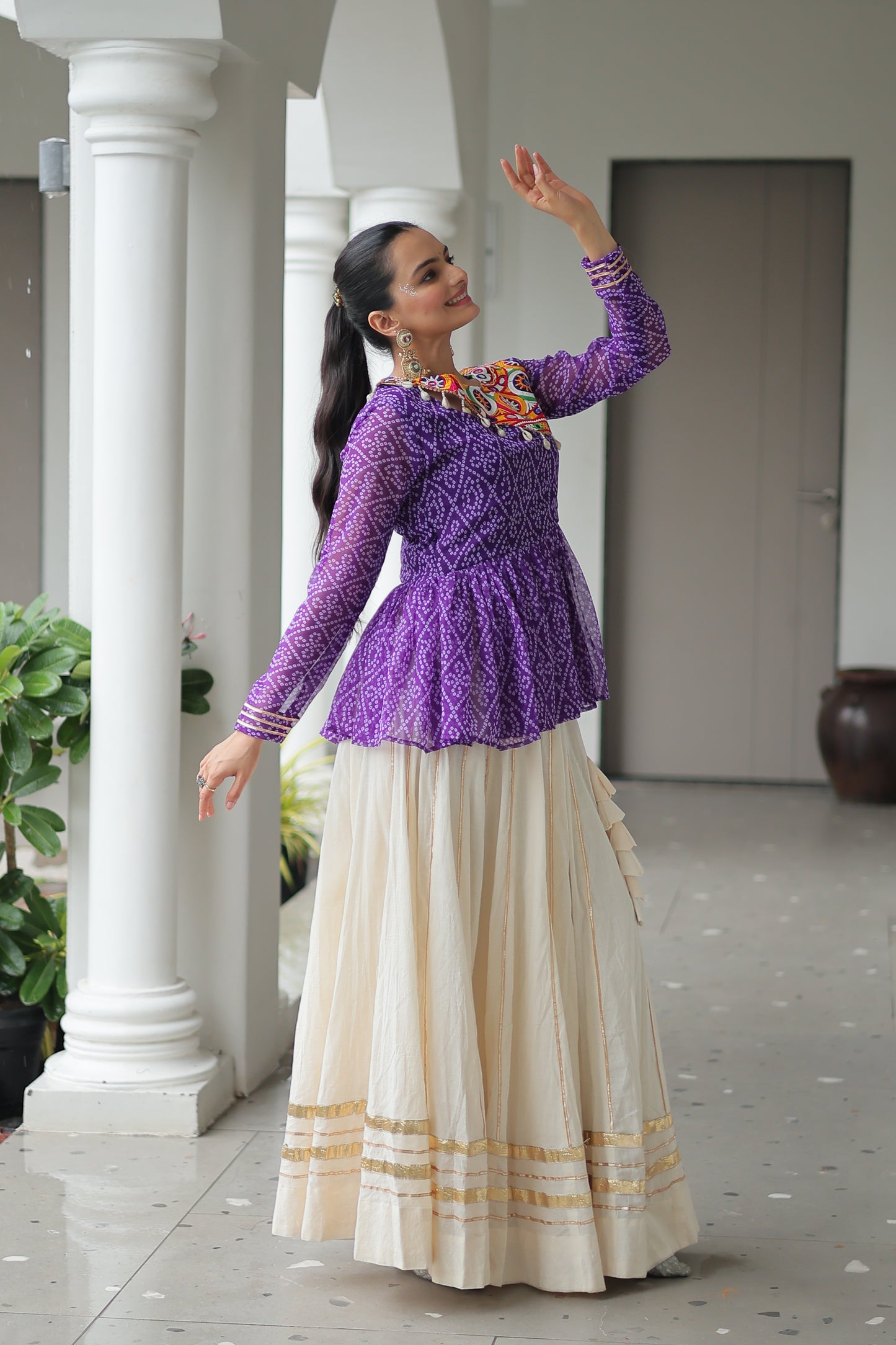 Purple Bandhani Printed Top And Lehenga For Garba
