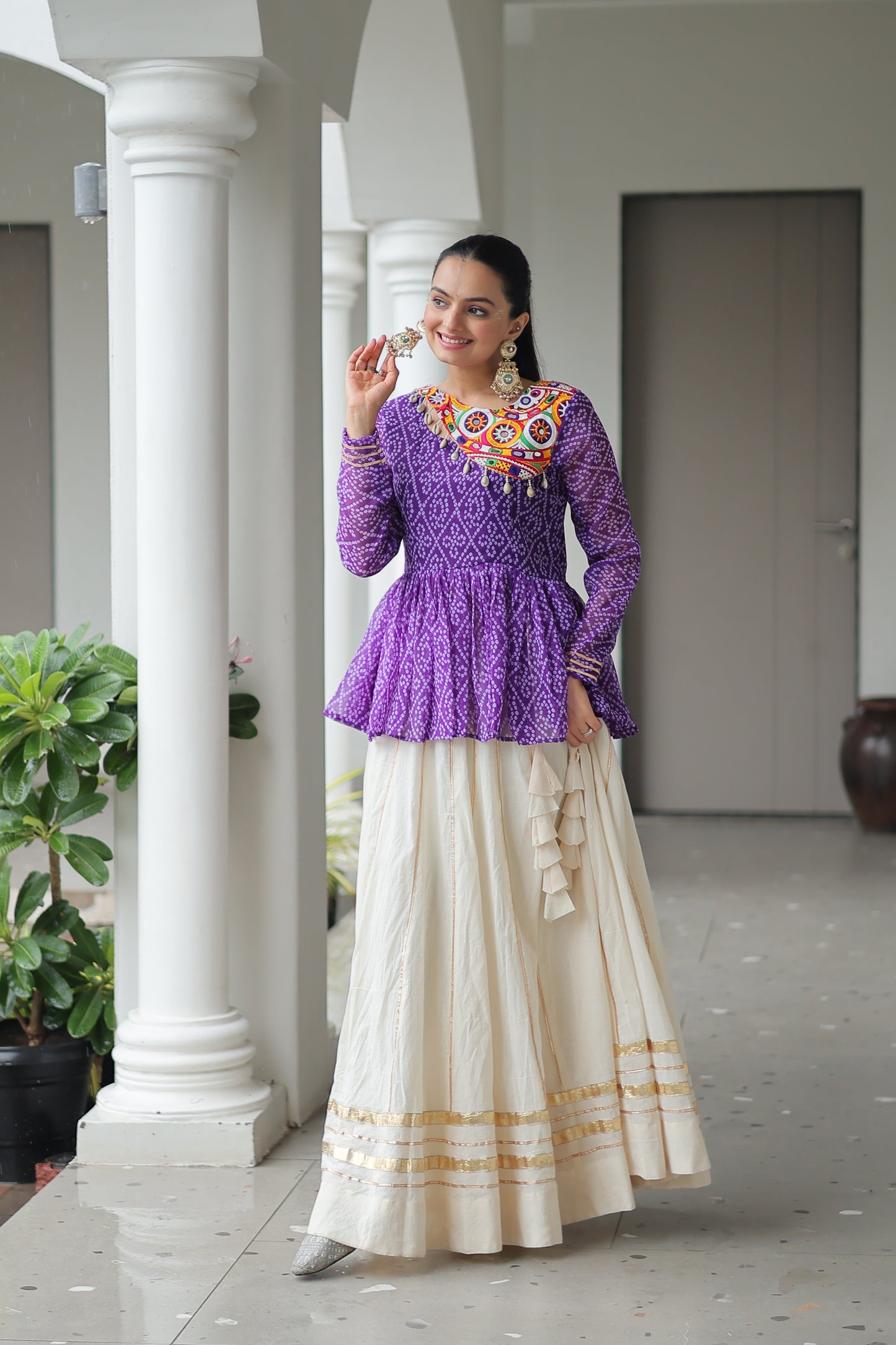Purple Bandhani Printed Top And Lehenga For Garba