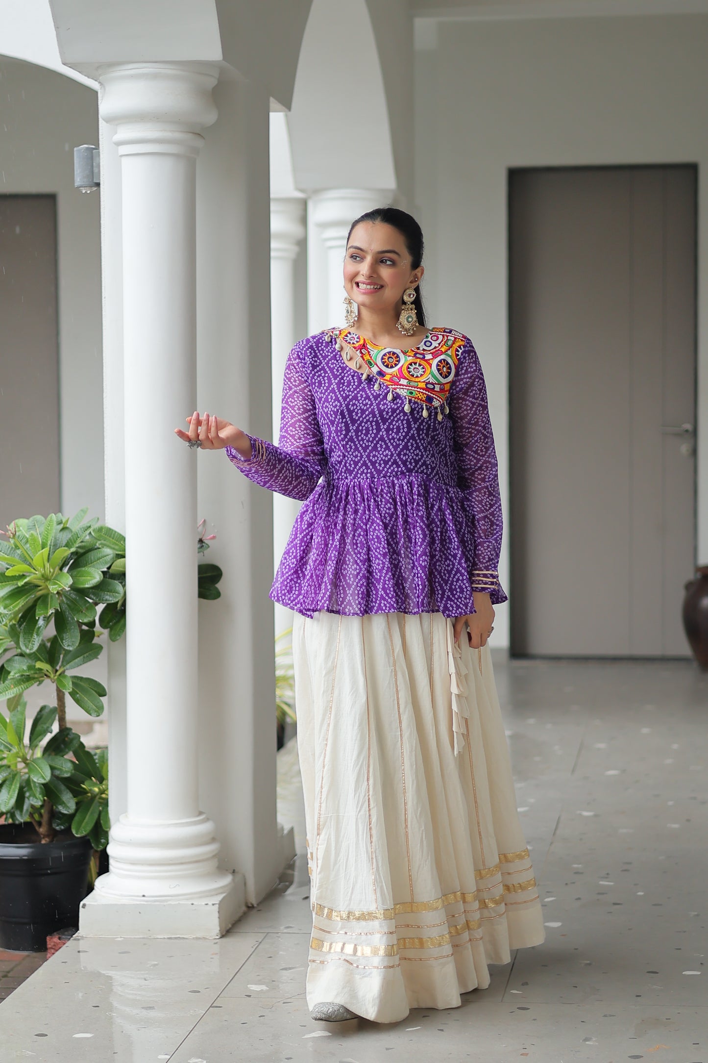 Purple Bandhani Printed Top And Lehenga For Garba