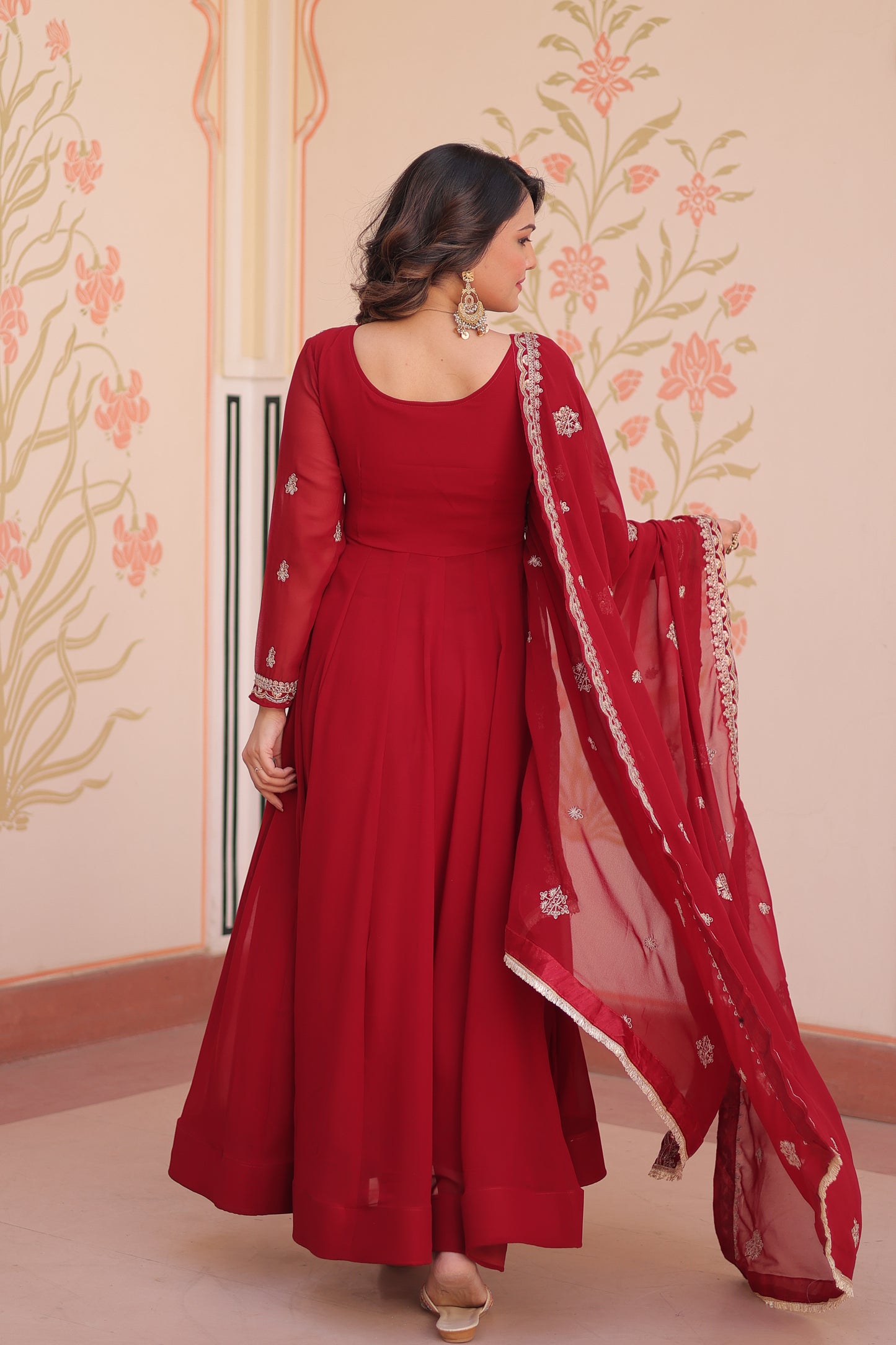 Red Georgette Embroidery Anarkali Ethnic Gown With Dupatta
