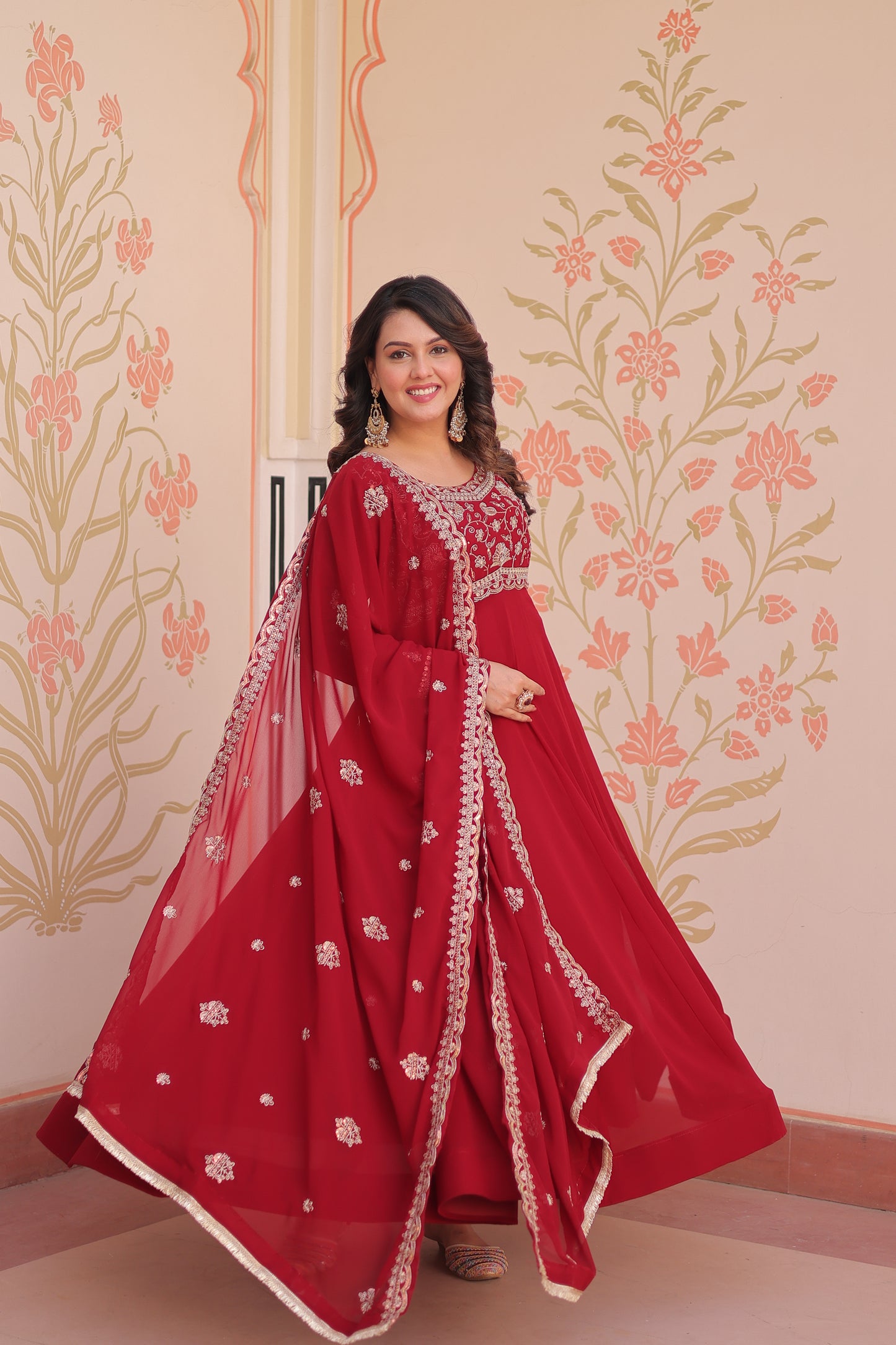 Red Georgette Embroidery Anarkali Ethnic Gown With Dupatta
