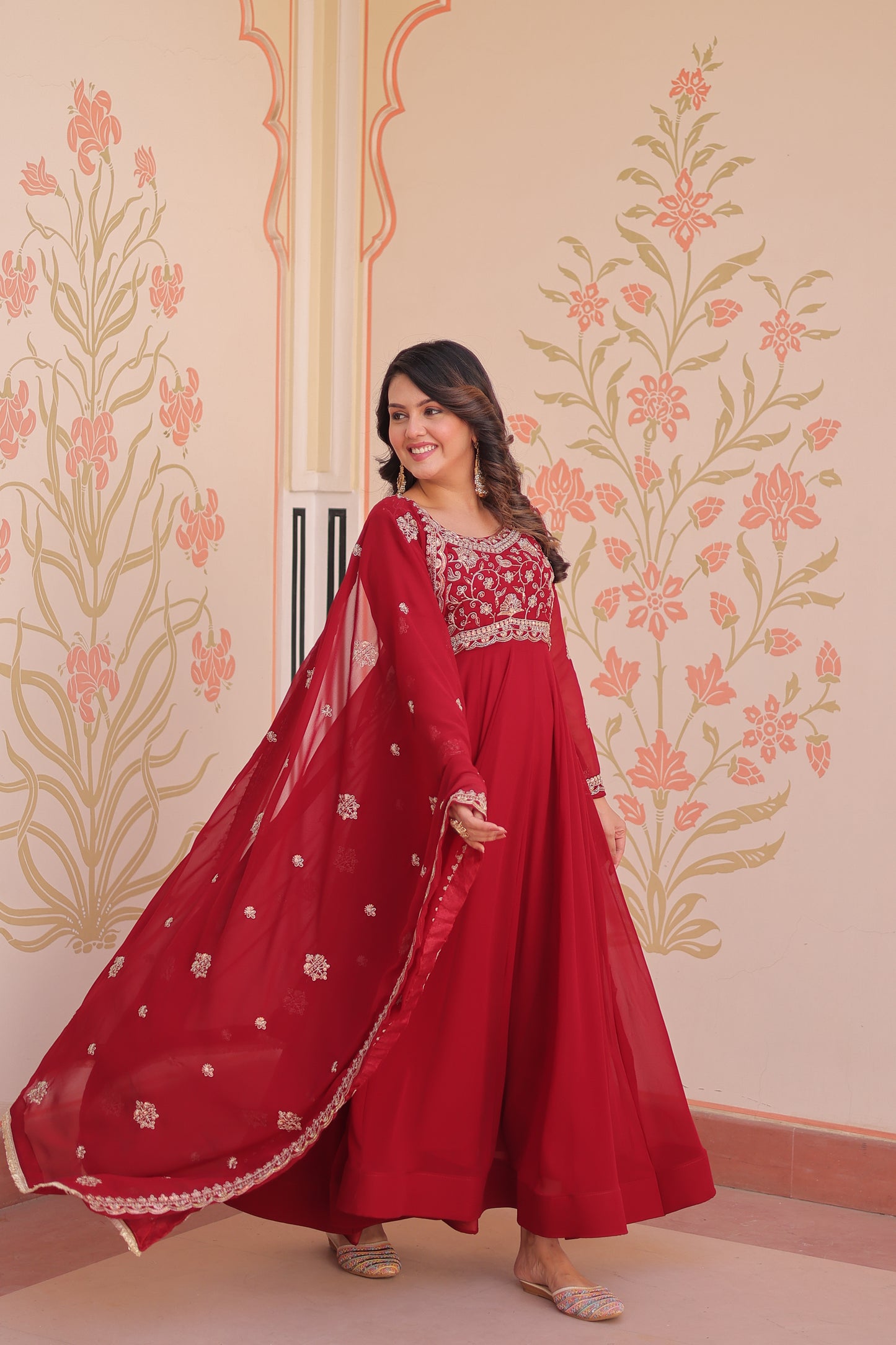 Red Georgette Embroidery Anarkali Ethnic Gown With Dupatta
