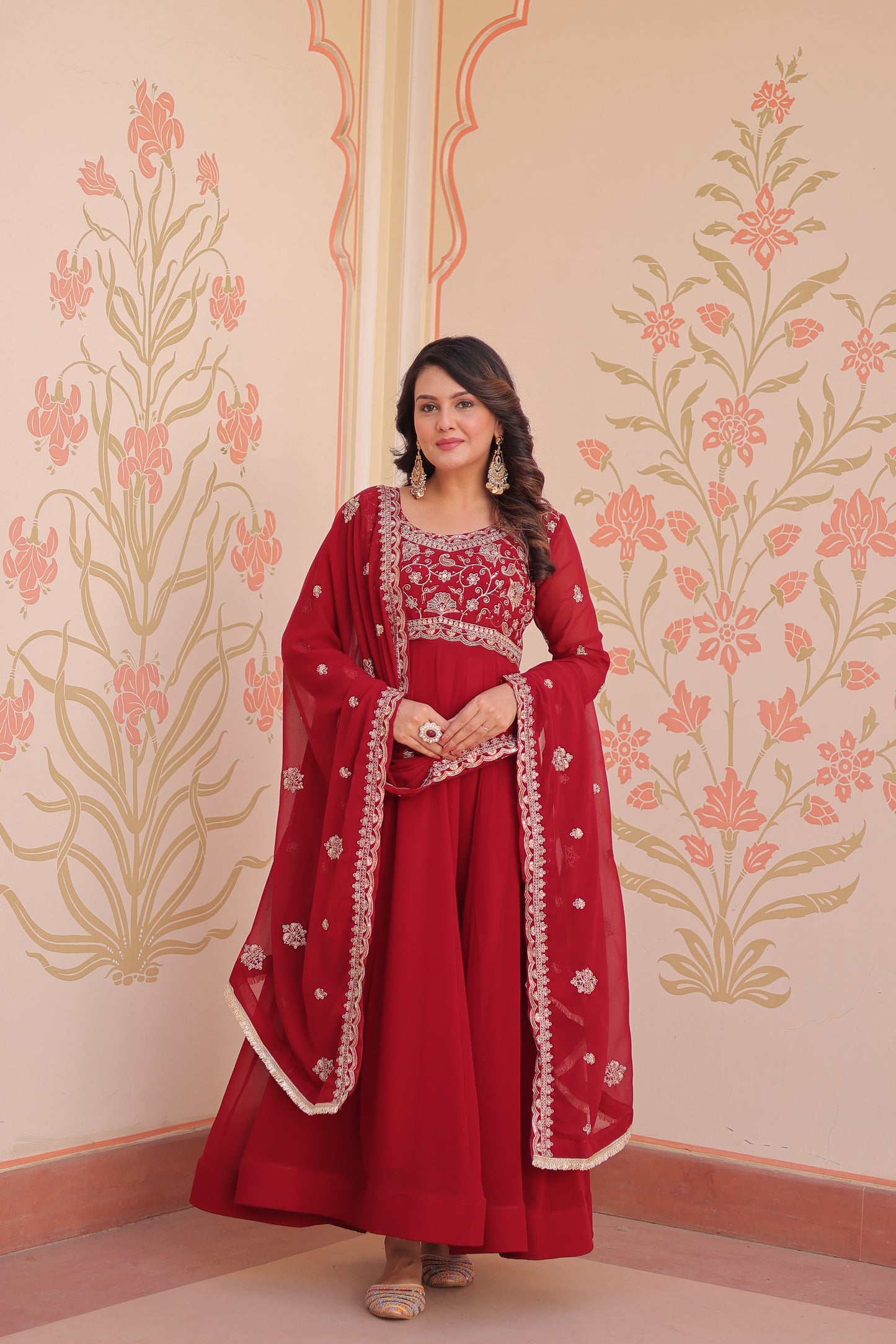 Red Georgette Embroidery Anarkali Ethnic Gown With Dupatta
