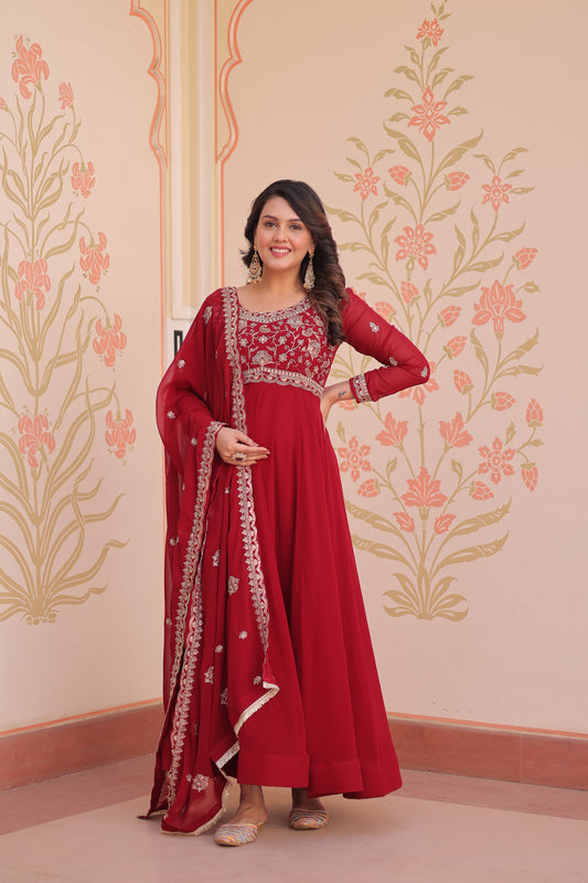 Red Georgette Embroidery Anarkali Ethnic Gown With Dupatta
