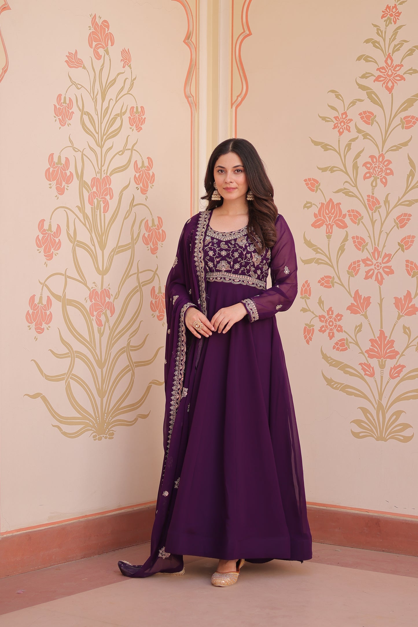 Purple Georgette Embroidery Anarkali Ethnic Gown