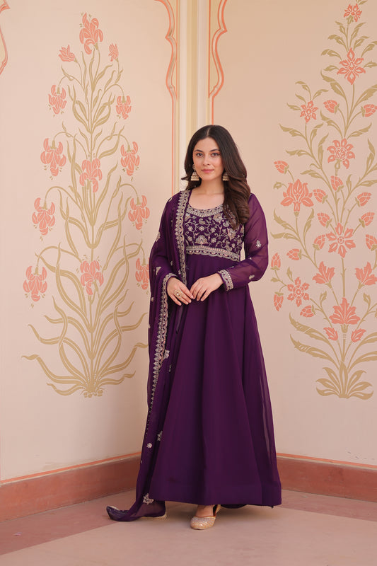 Purple Georgette Embroidery Anarkali Ethnic Gown