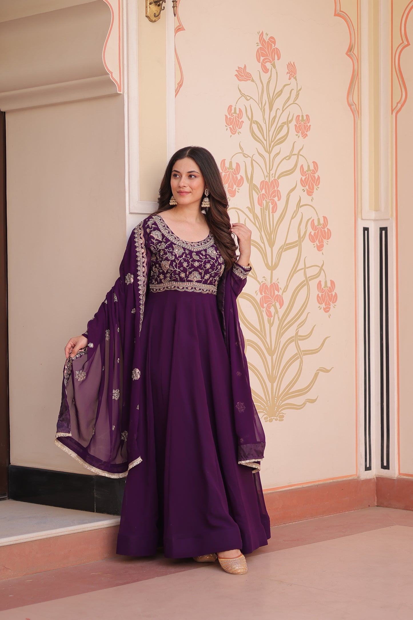 Purple Georgette Embroidery Anarkali Ethnic Gown