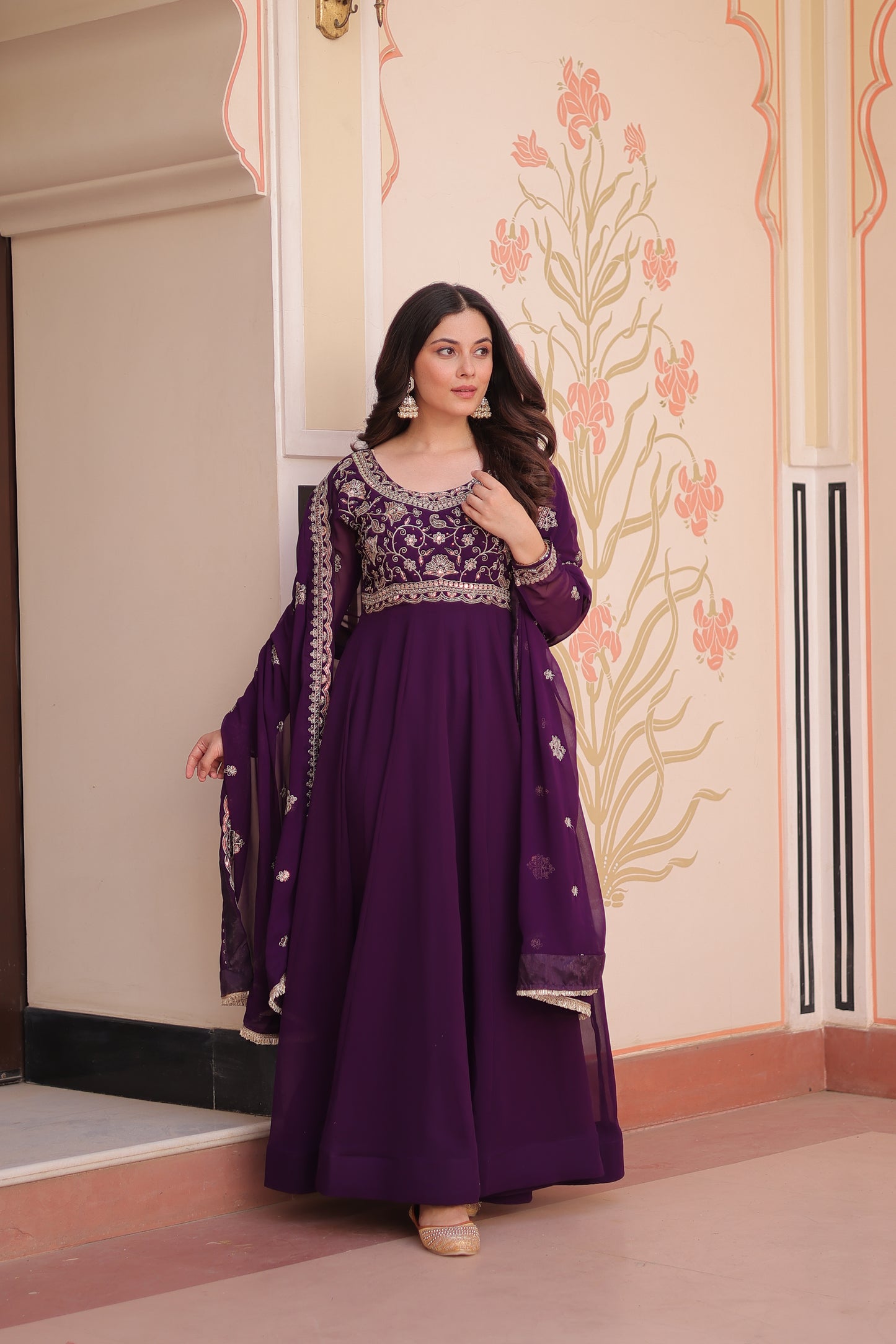 Purple Georgette Embroidery Anarkali Ethnic Gown