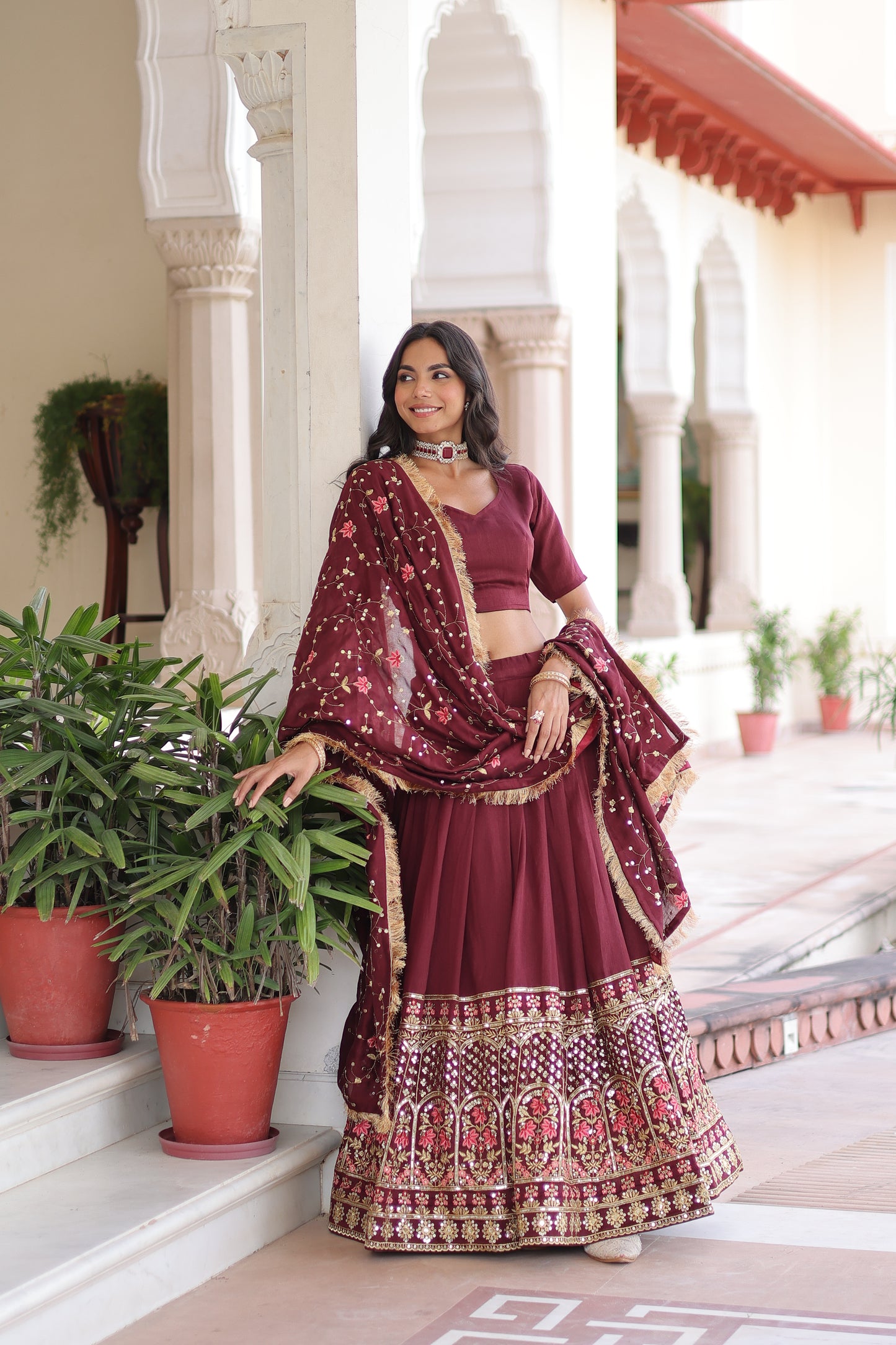 Maroon Vichitra Silk Sequins and Thread Embroidered work Lehenga Choli