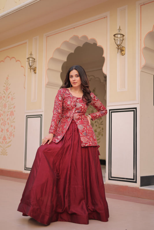 Woman in a red dress with floral patterns standing in a room with decorative walls.