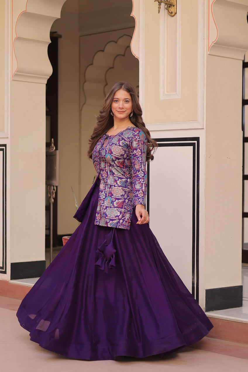 Woman in a purple dress standing in front of a mirror