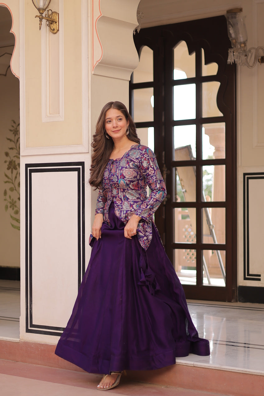 Woman in a purple dress standing in front of a decorative door.