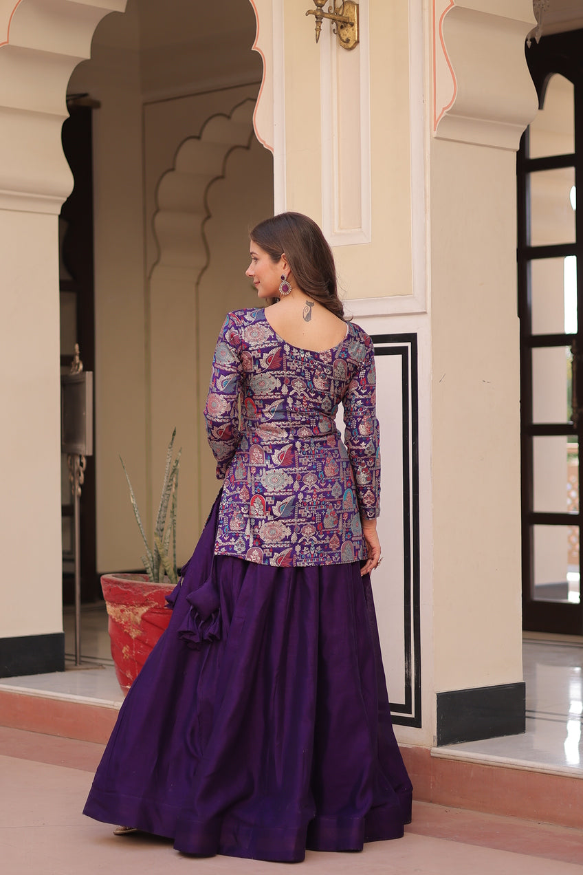 women wearing a purple dress with a floral pattern standing in front of a mirror.