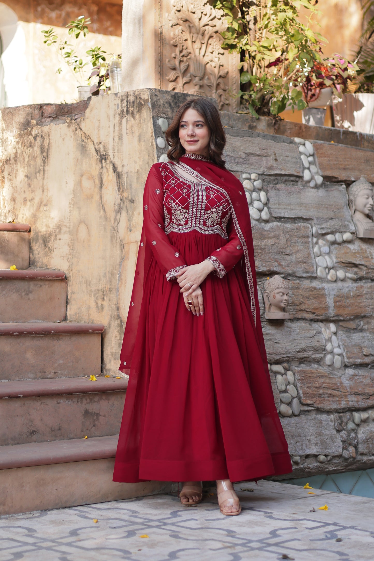 Maroon Georgette Ethnic Dress With Dupatta