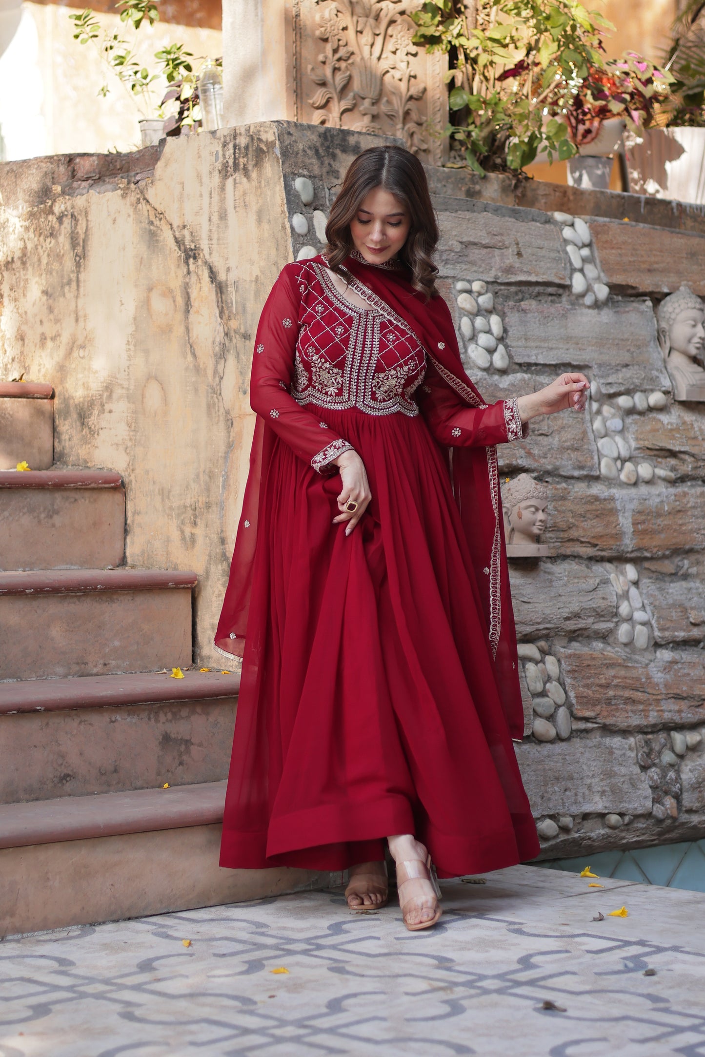 Maroon Georgette Ethnic Dress With Dupatta
