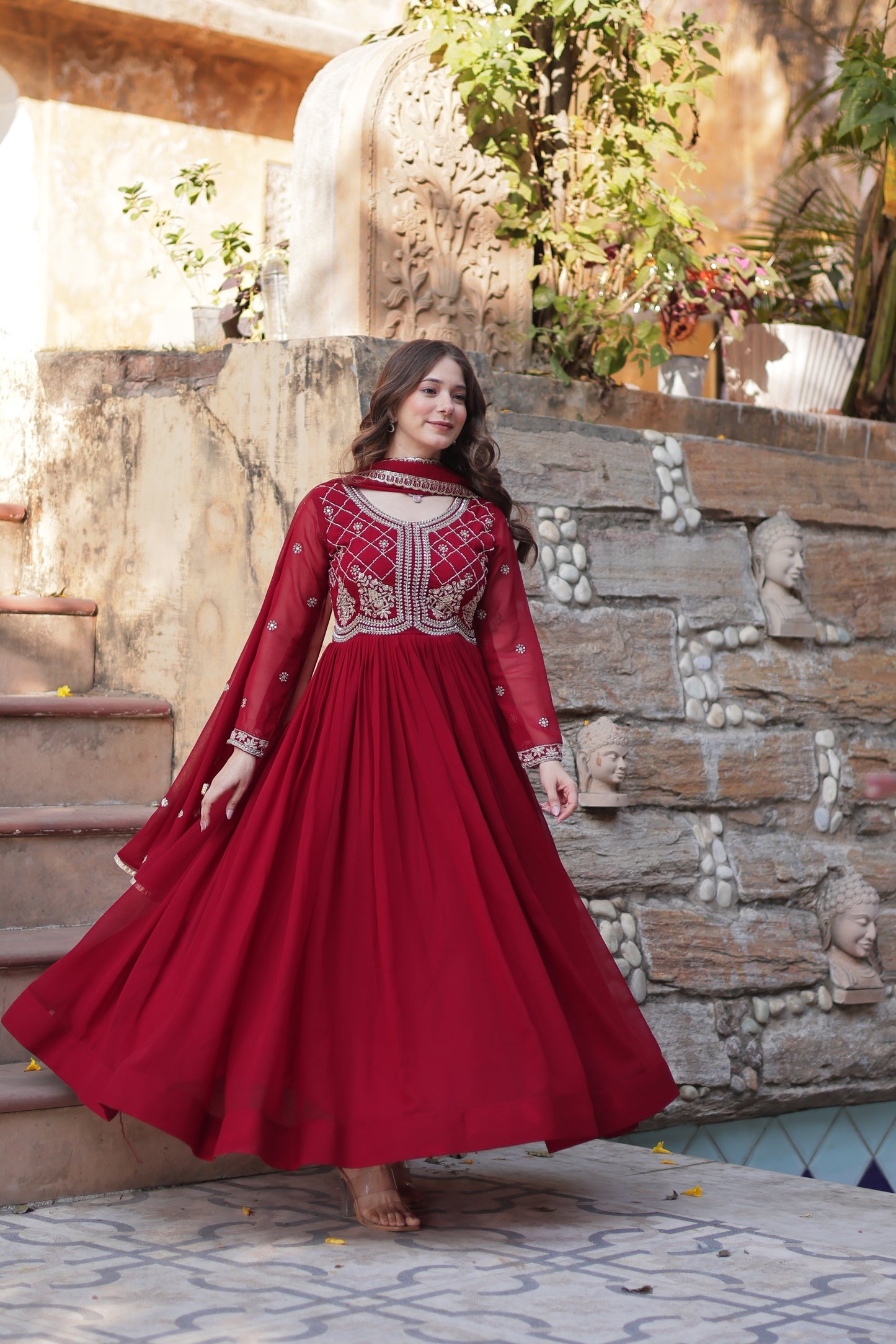 Maroon Georgette Ethnic Dress With Dupatta