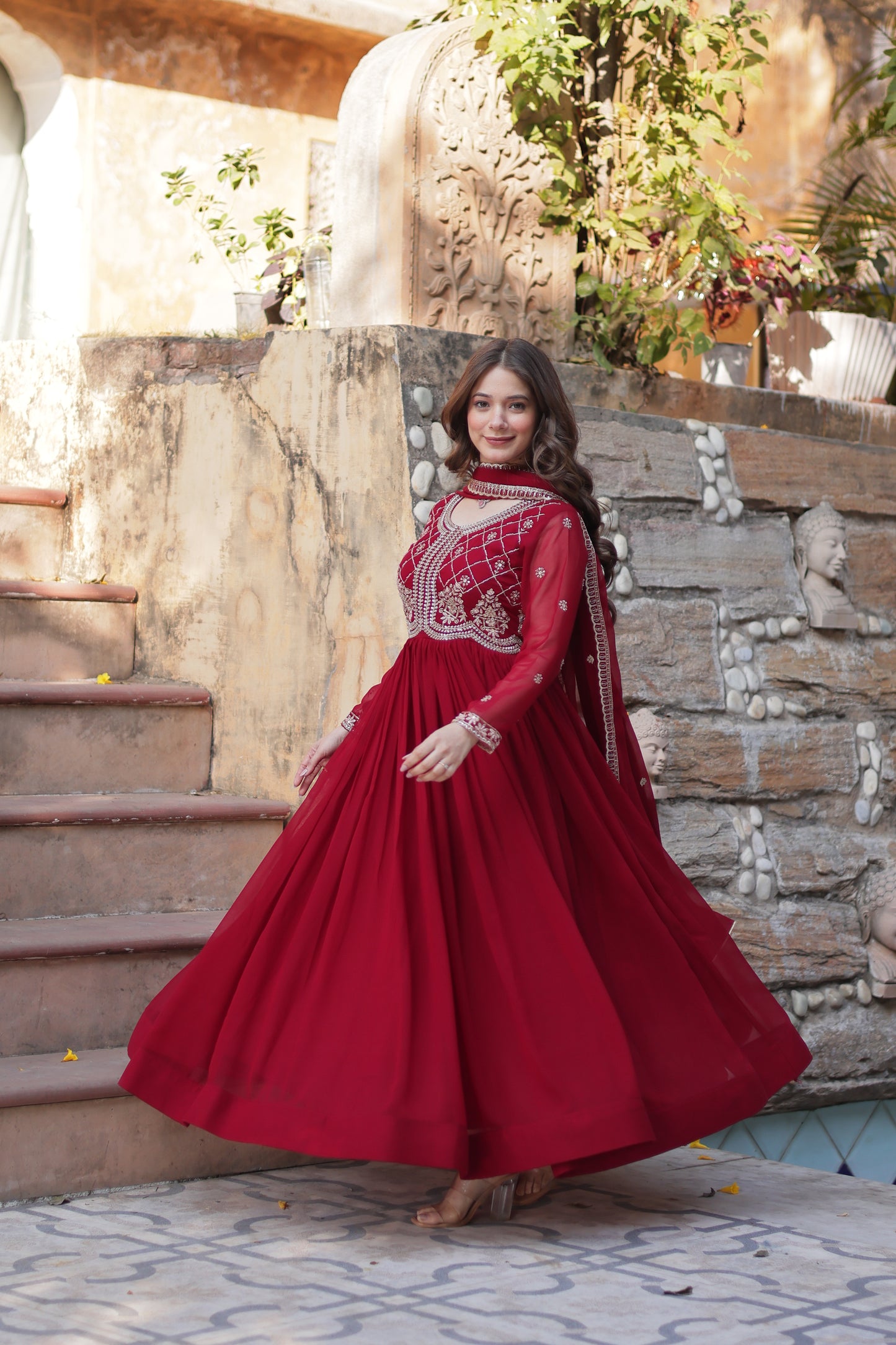 Maroon Georgette Ethnic Dress With Dupatta