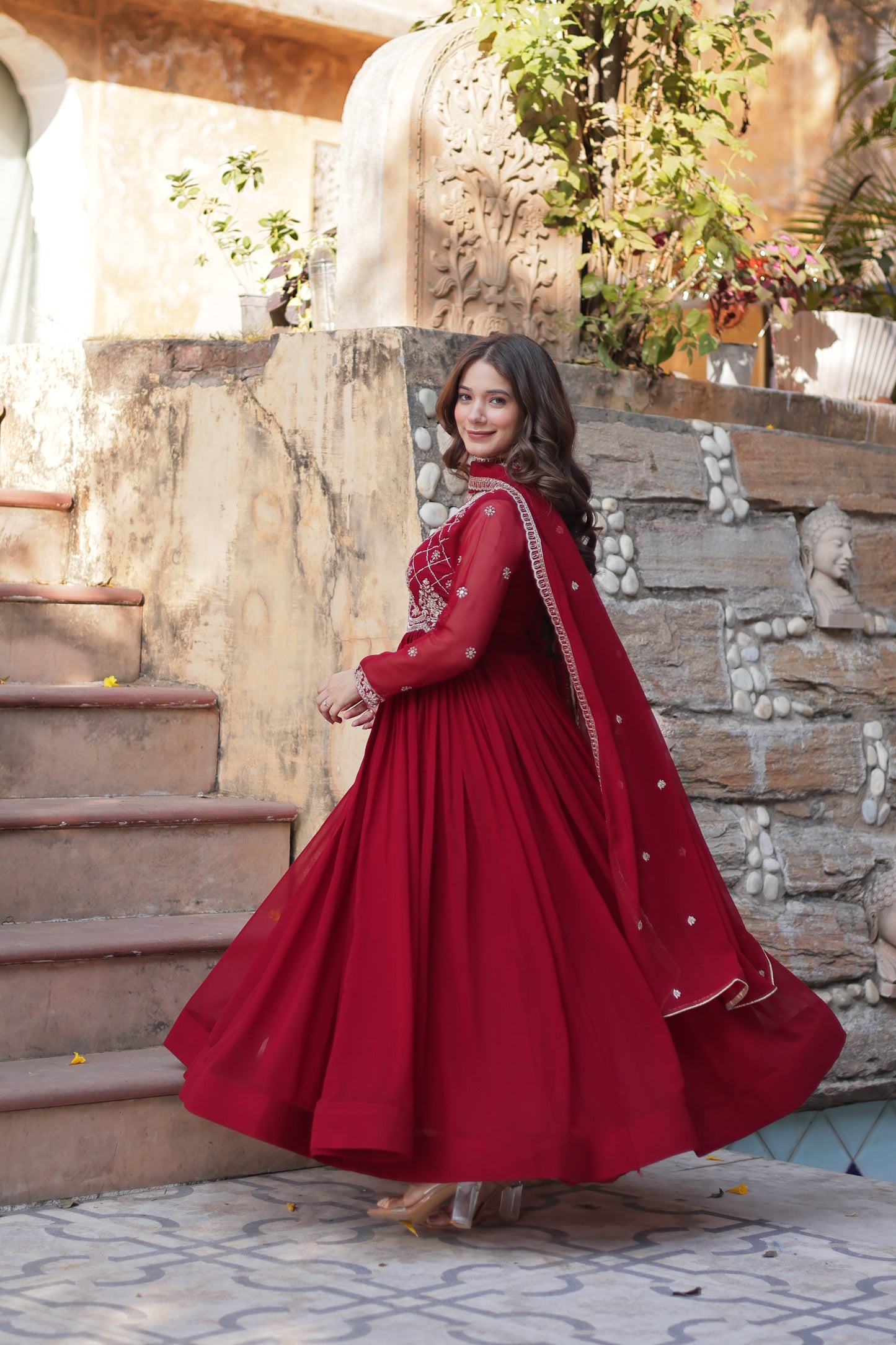 Maroon Georgette Ethnic Dress With Dupatta