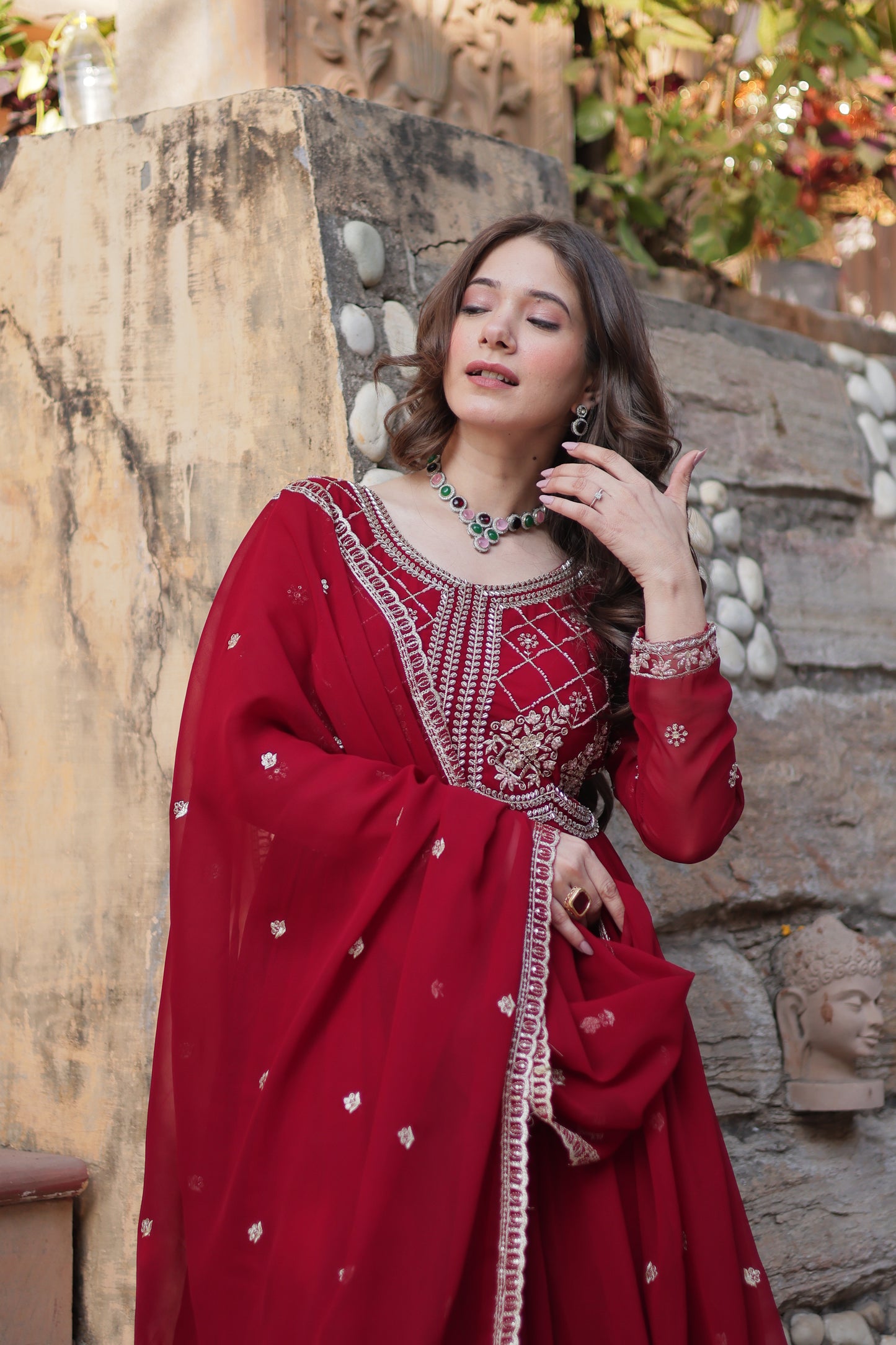 Maroon Georgette Ethnic Dress With Dupatta