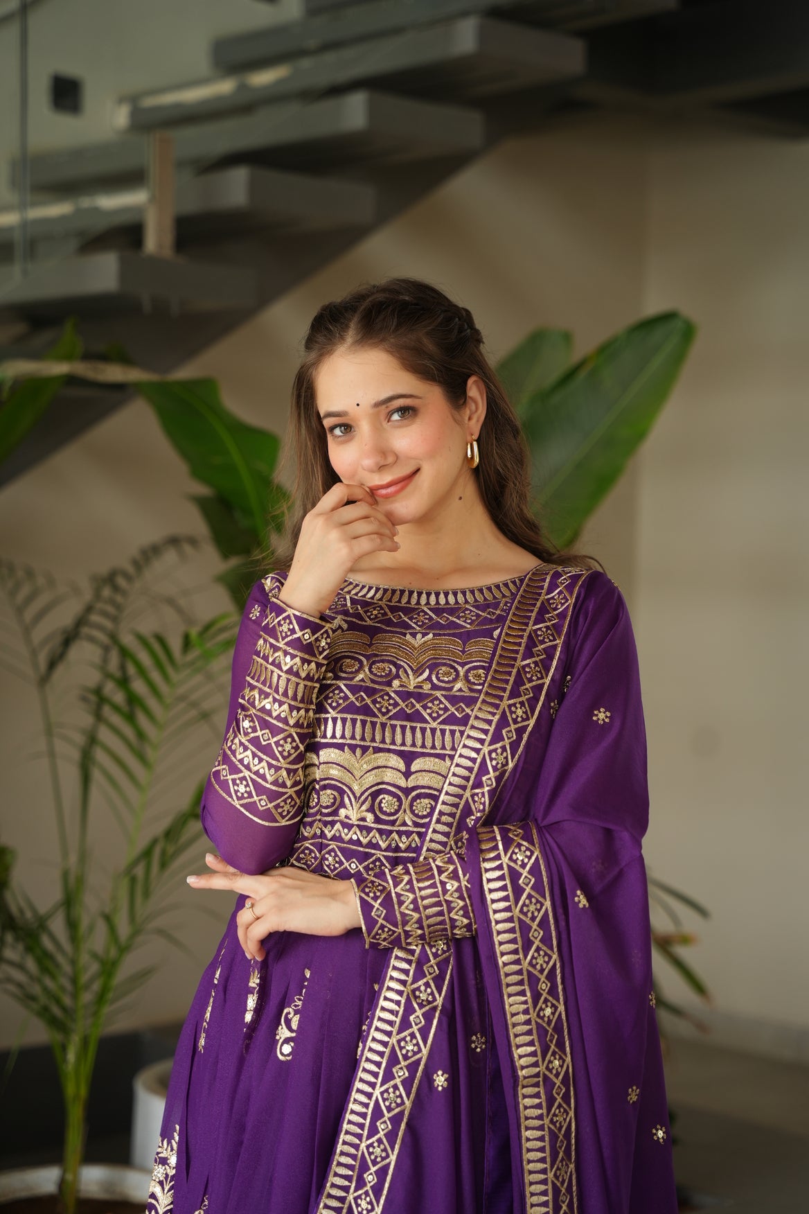 Purple Embroidered Ethnic Gown With Dupatta