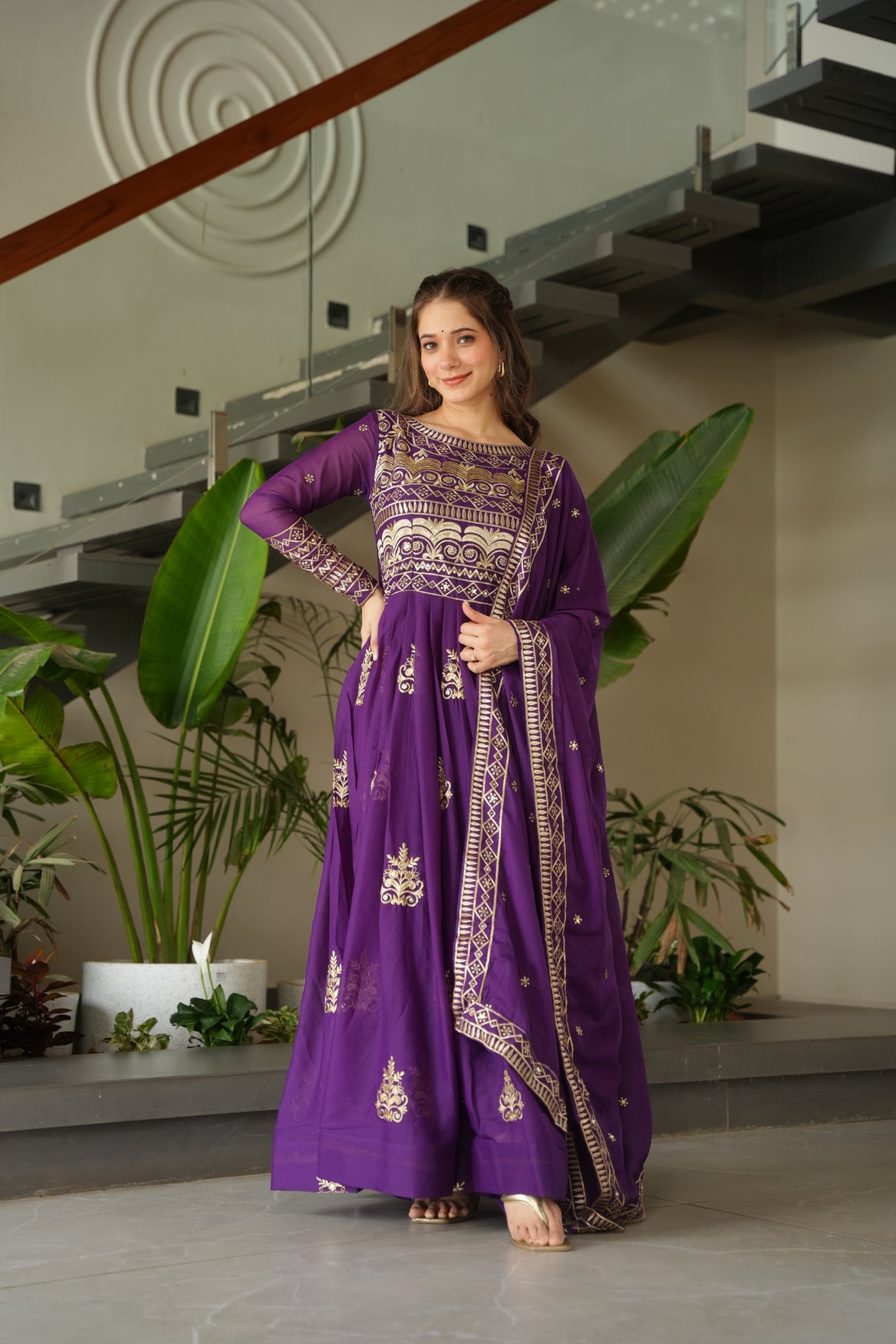 Purple Embroidered Ethnic Gown With Dupatta