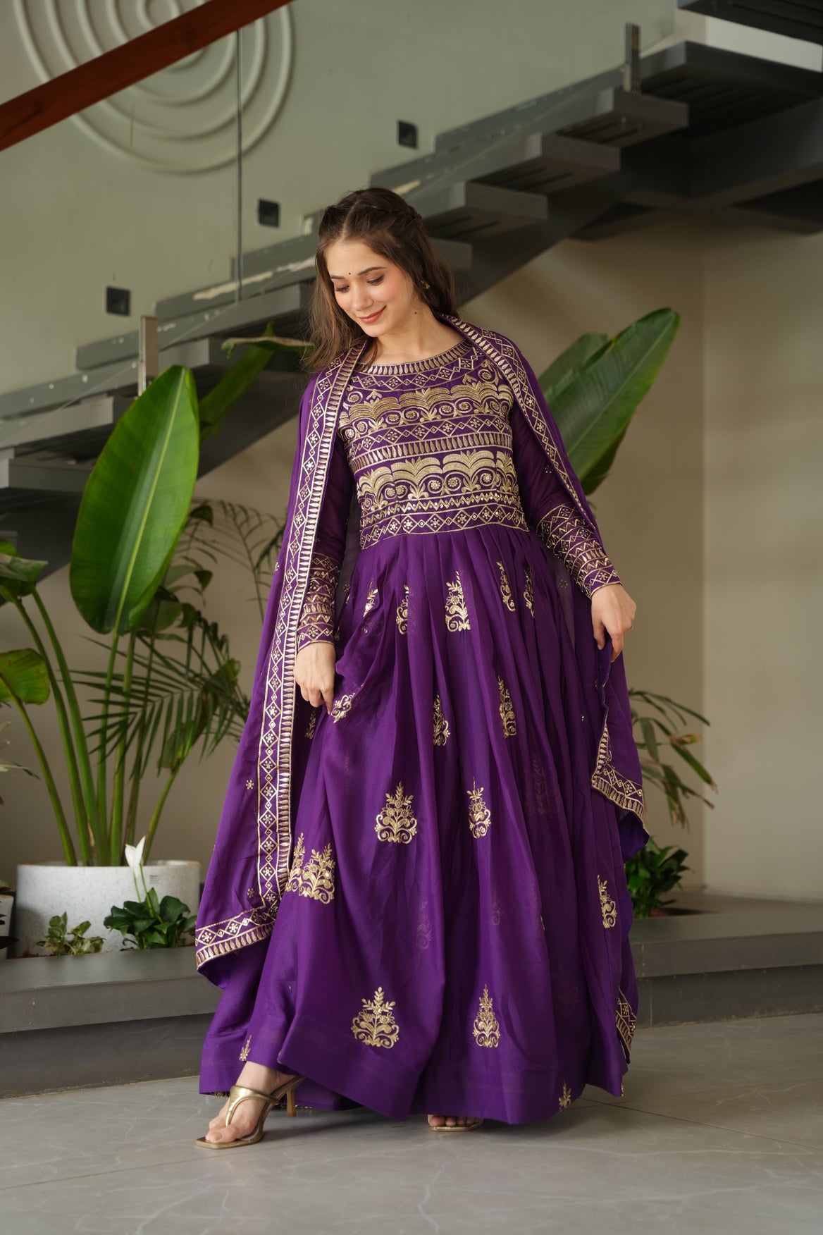 Purple Embroidered Ethnic Gown With Dupatta
