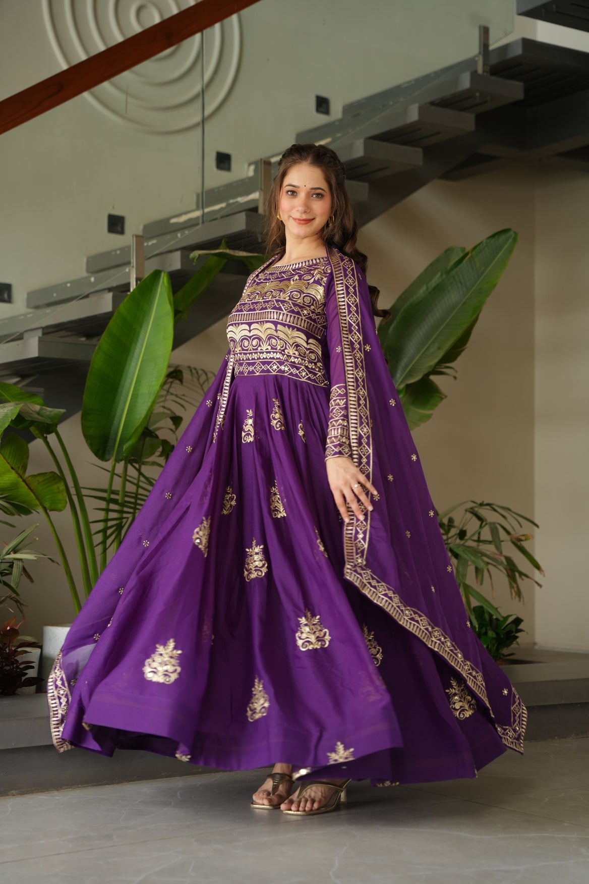 Purple Embroidered Ethnic Gown With Dupatta