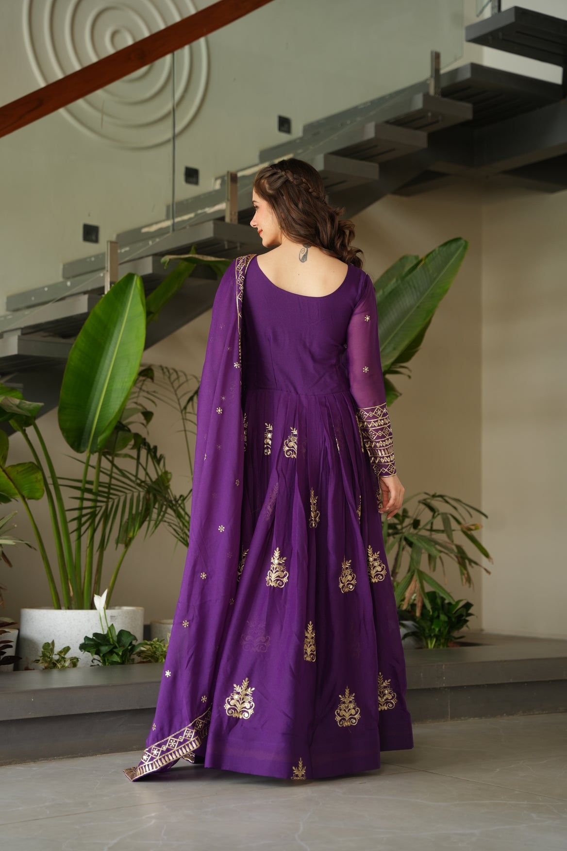 Purple Embroidered Ethnic Gown With Dupatta