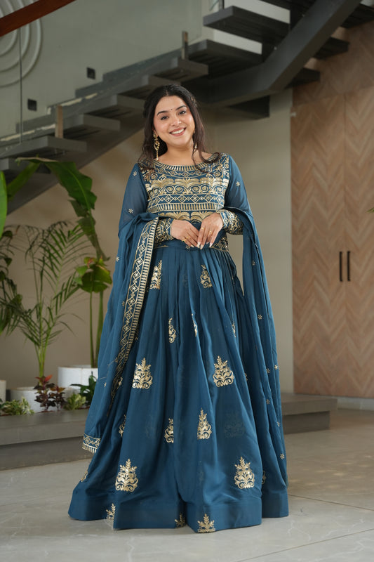 Rama Blue Chinon Long Sleeve Embroidered Maxi Dress