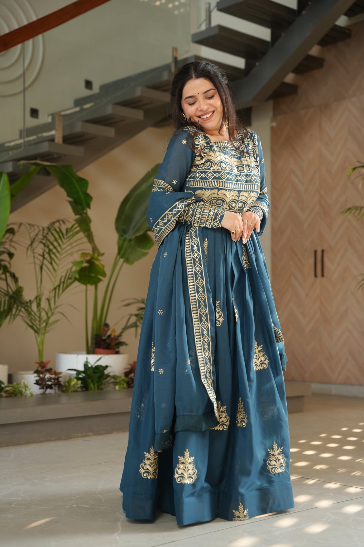 Rama Blue Chinon Long Sleeve Embroidered Maxi Dress