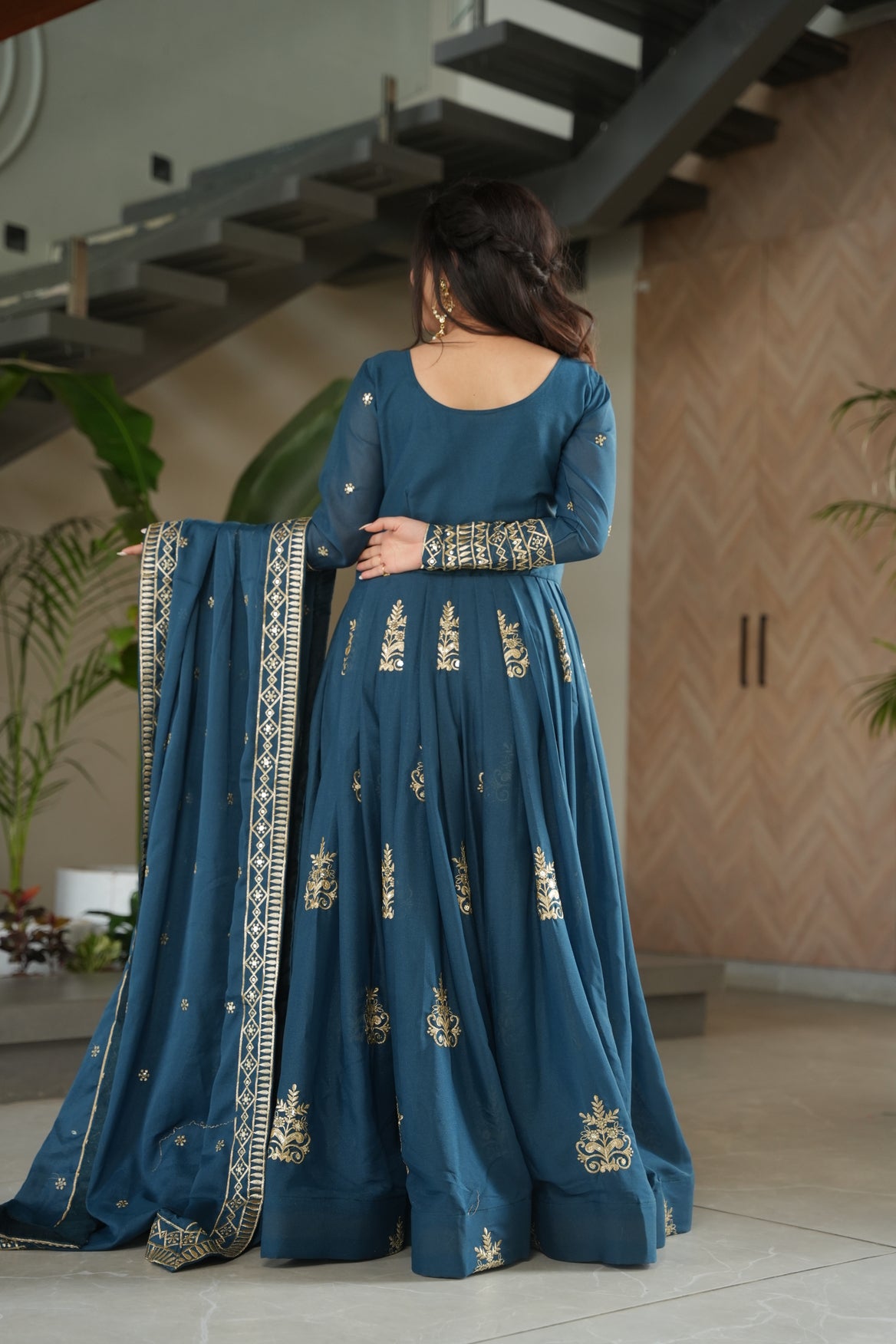 Rama Blue Chinon Long Sleeve Embroidered Maxi Dress