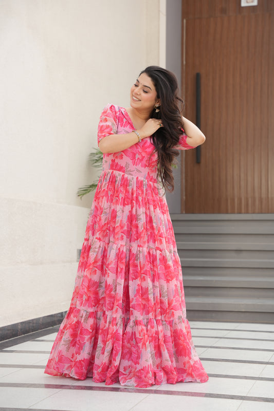 Peach Georgette Printed Dress