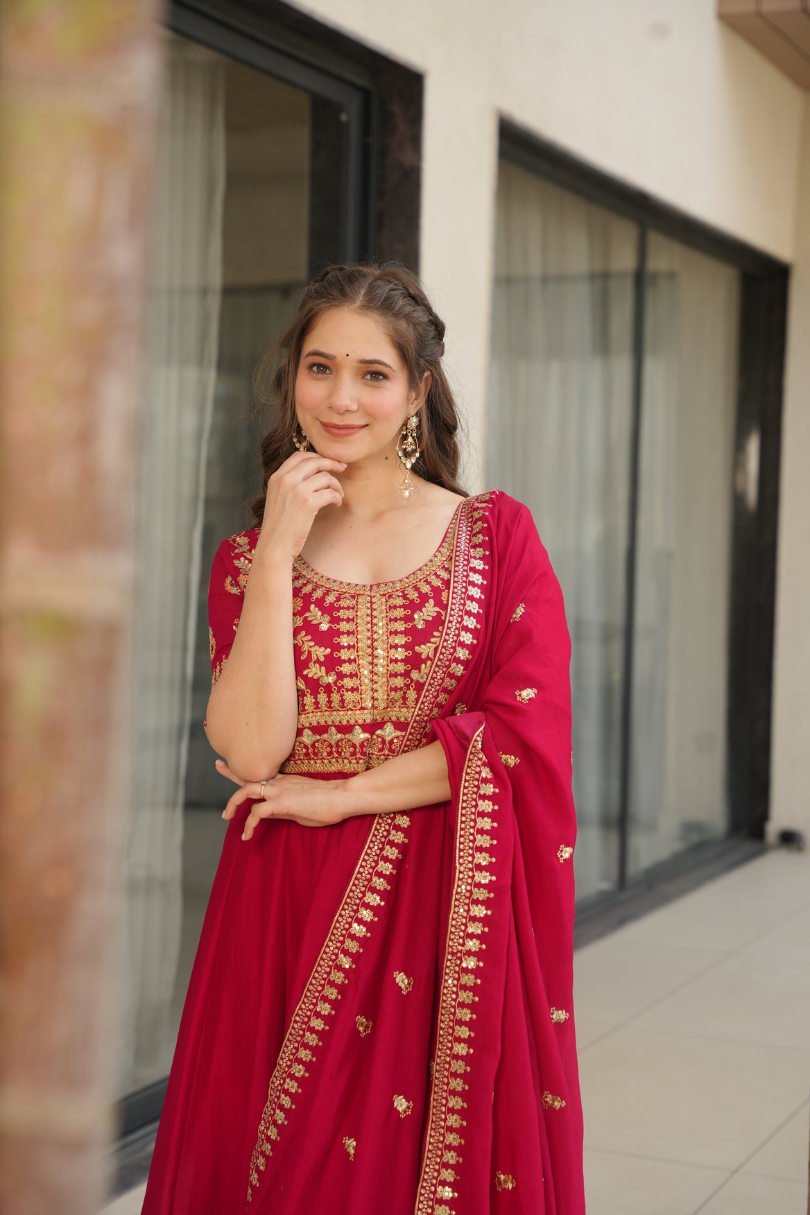 Pink Silk Long Gown With Dupatta