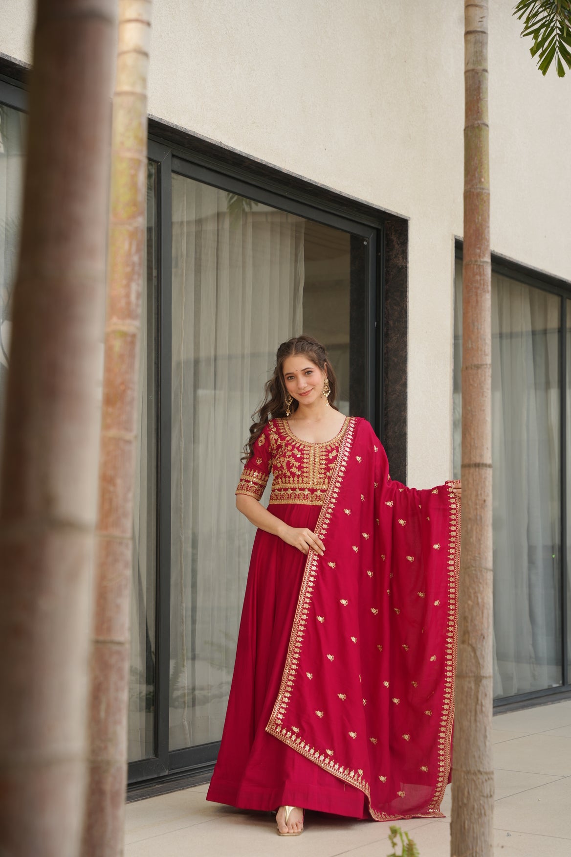 Pink Silk Long Gown With Dupatta