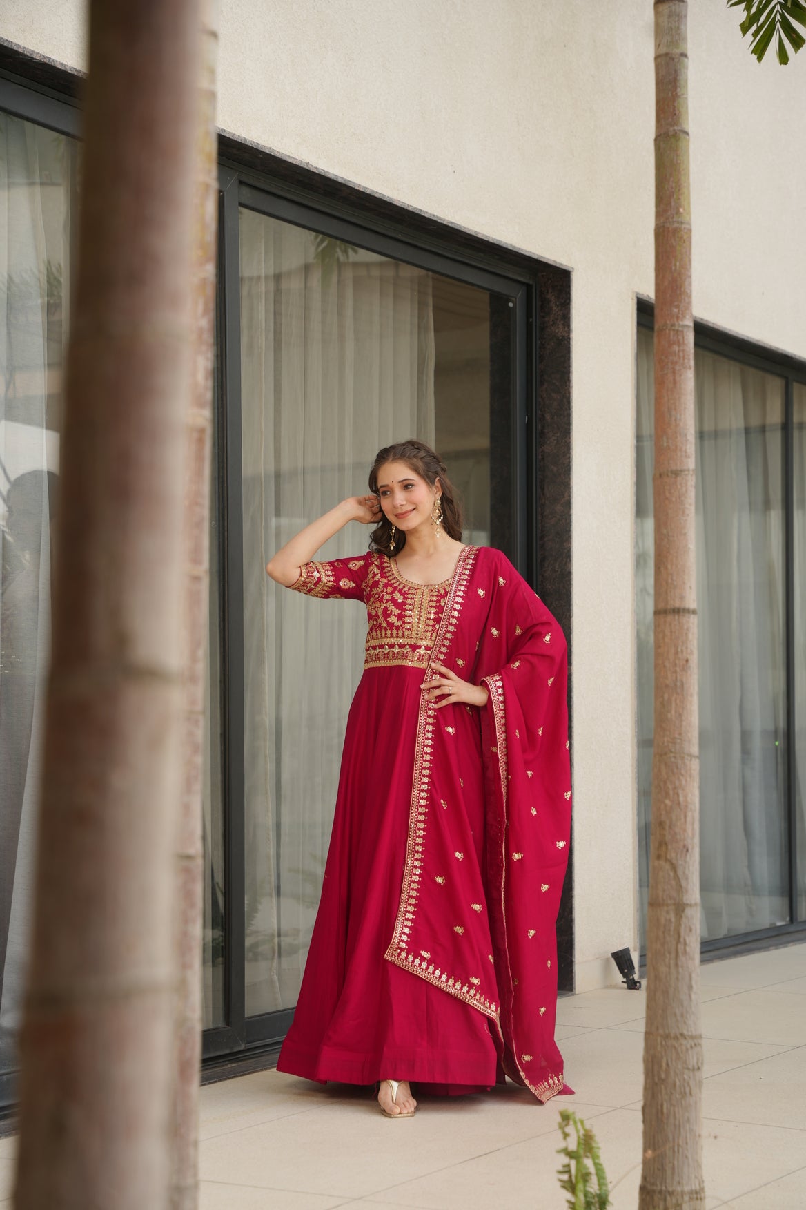 Pink Silk Long Gown With Dupatta