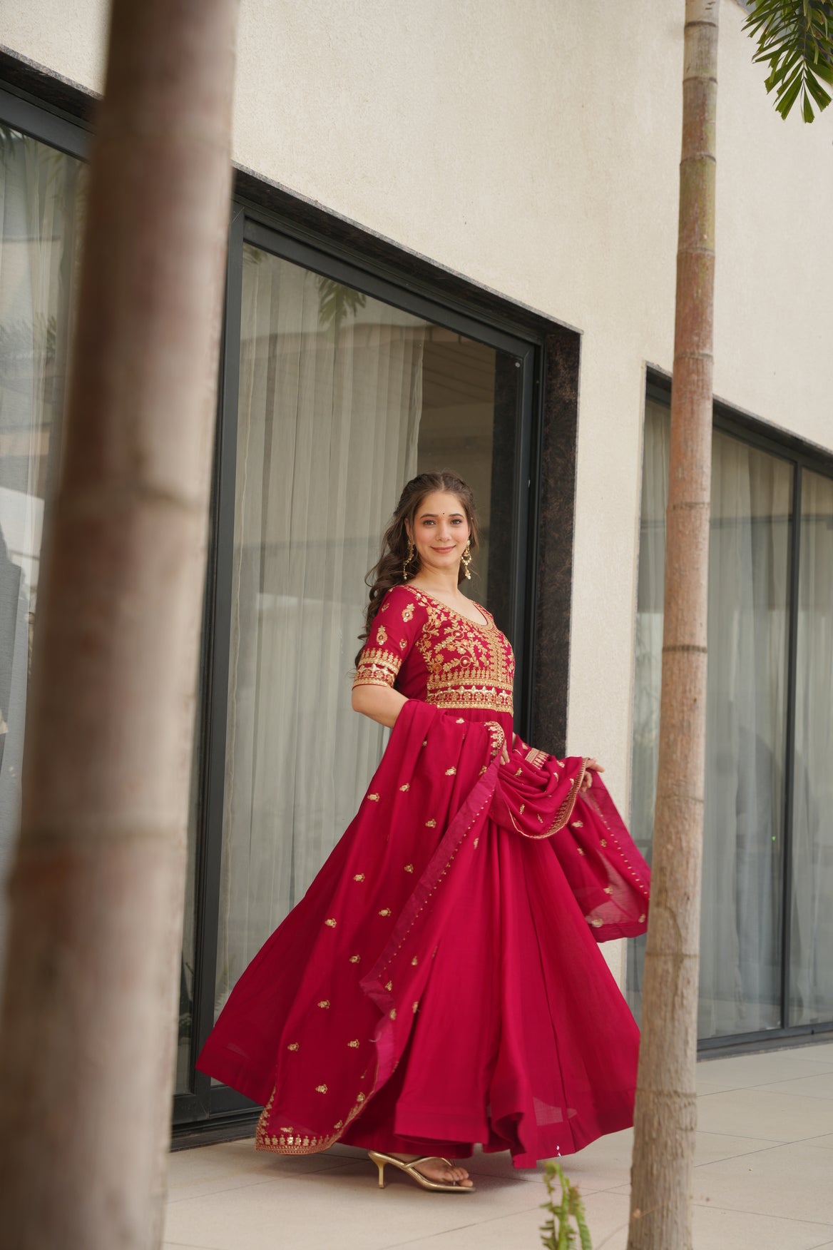 Pink Silk Long Gown With Dupatta
