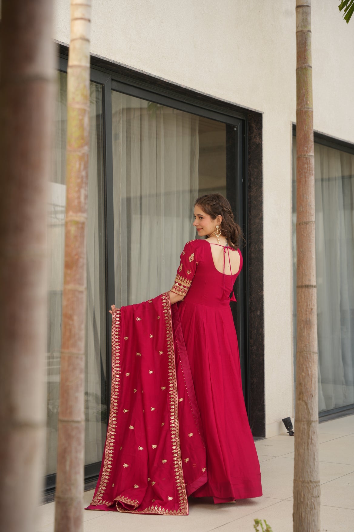 Pink Silk Long Gown With Dupatta