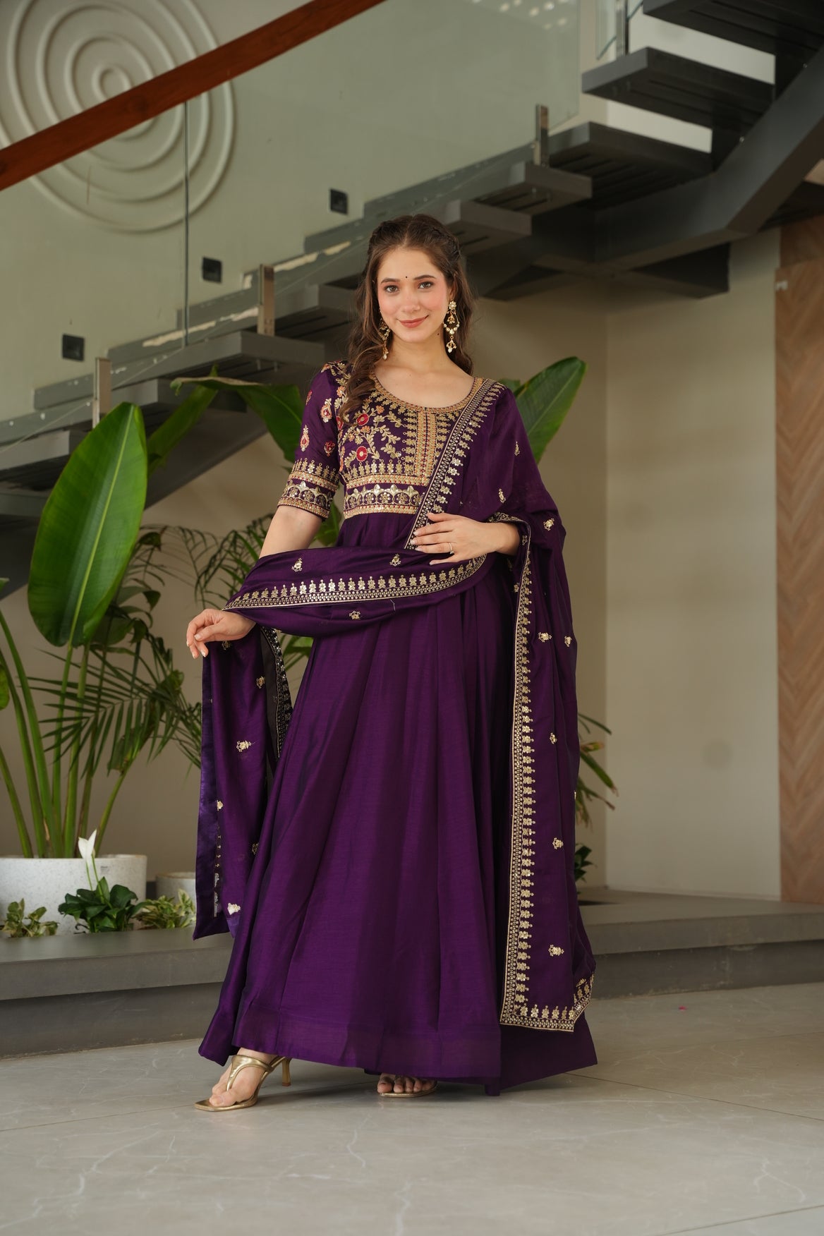 Purple Silk Long Gown With Dupatta