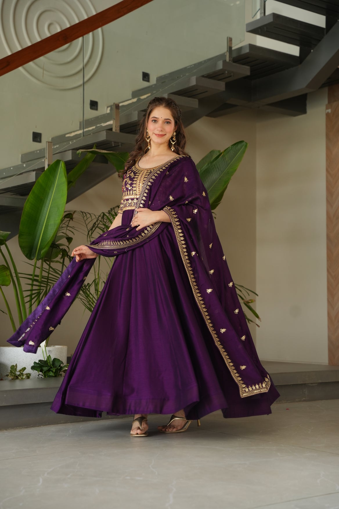 Purple Silk Long Gown With Dupatta