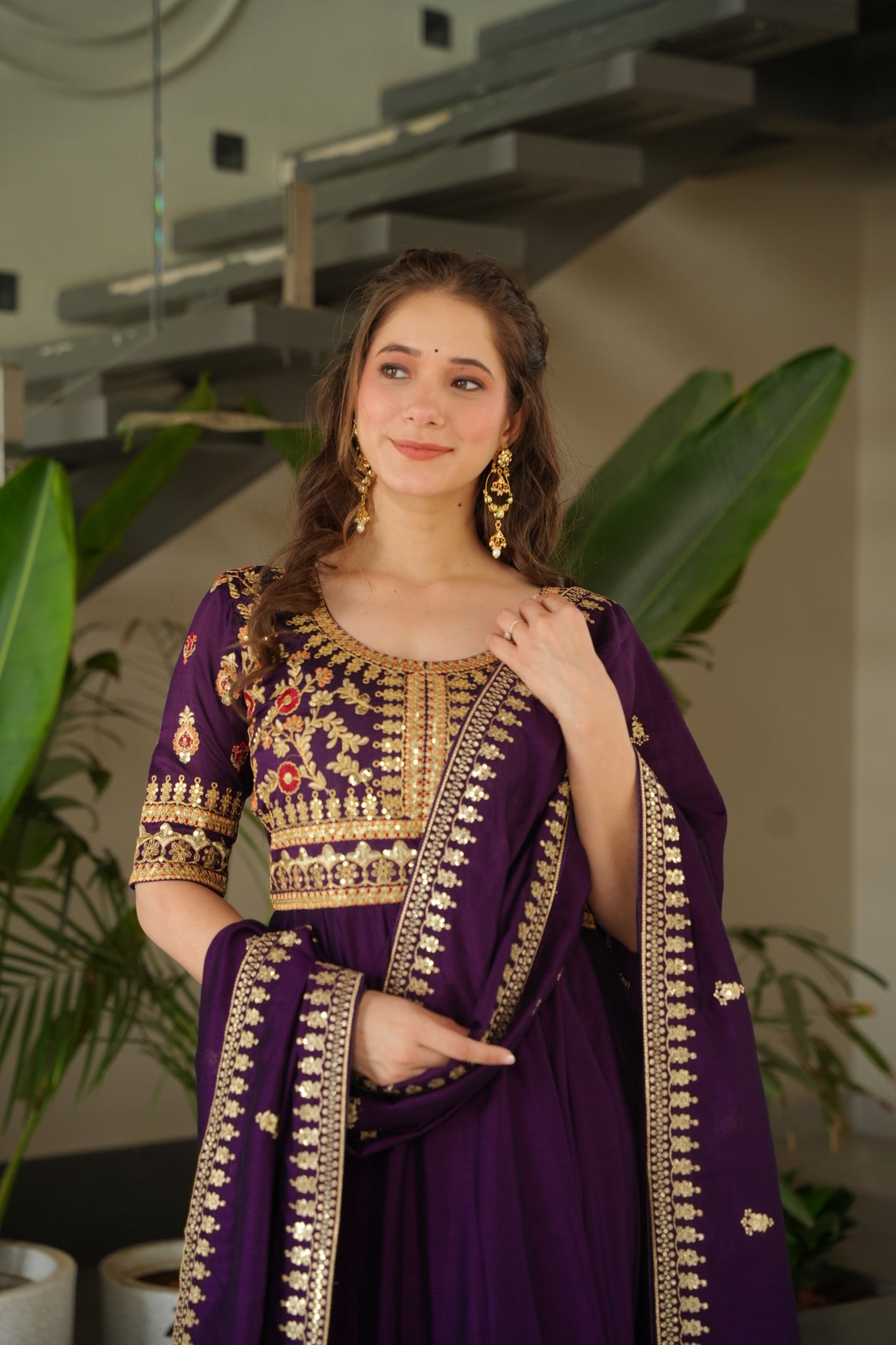 Purple Silk Long Gown With Dupatta
