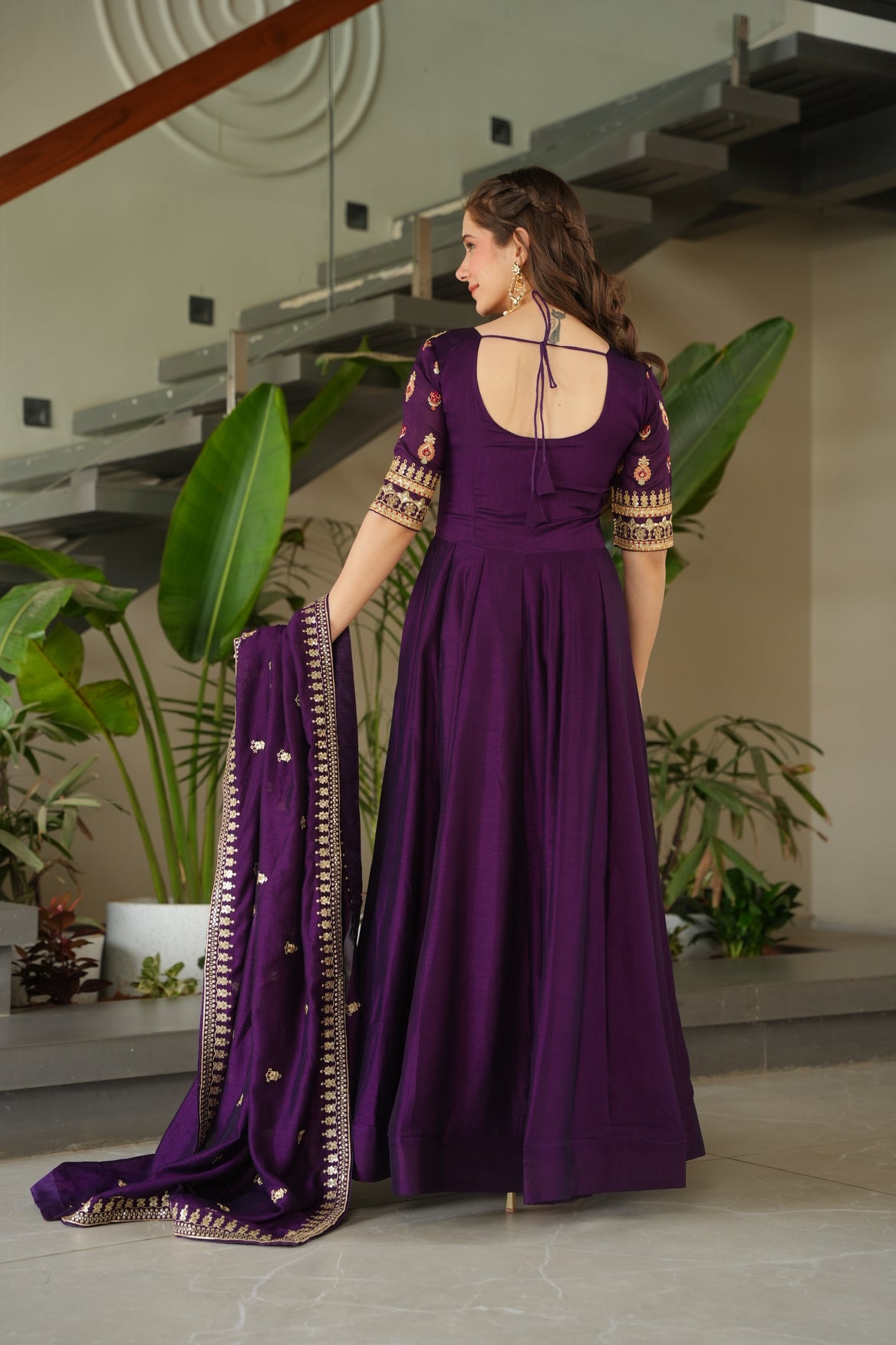 Purple Silk Long Gown With Dupatta